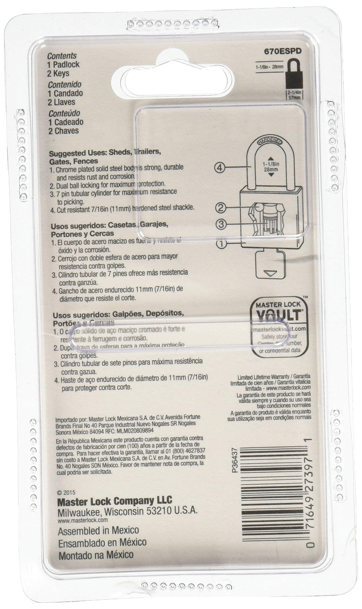 Candado Master Lock 670D Máxima Seguridad llave tubular 60 mm