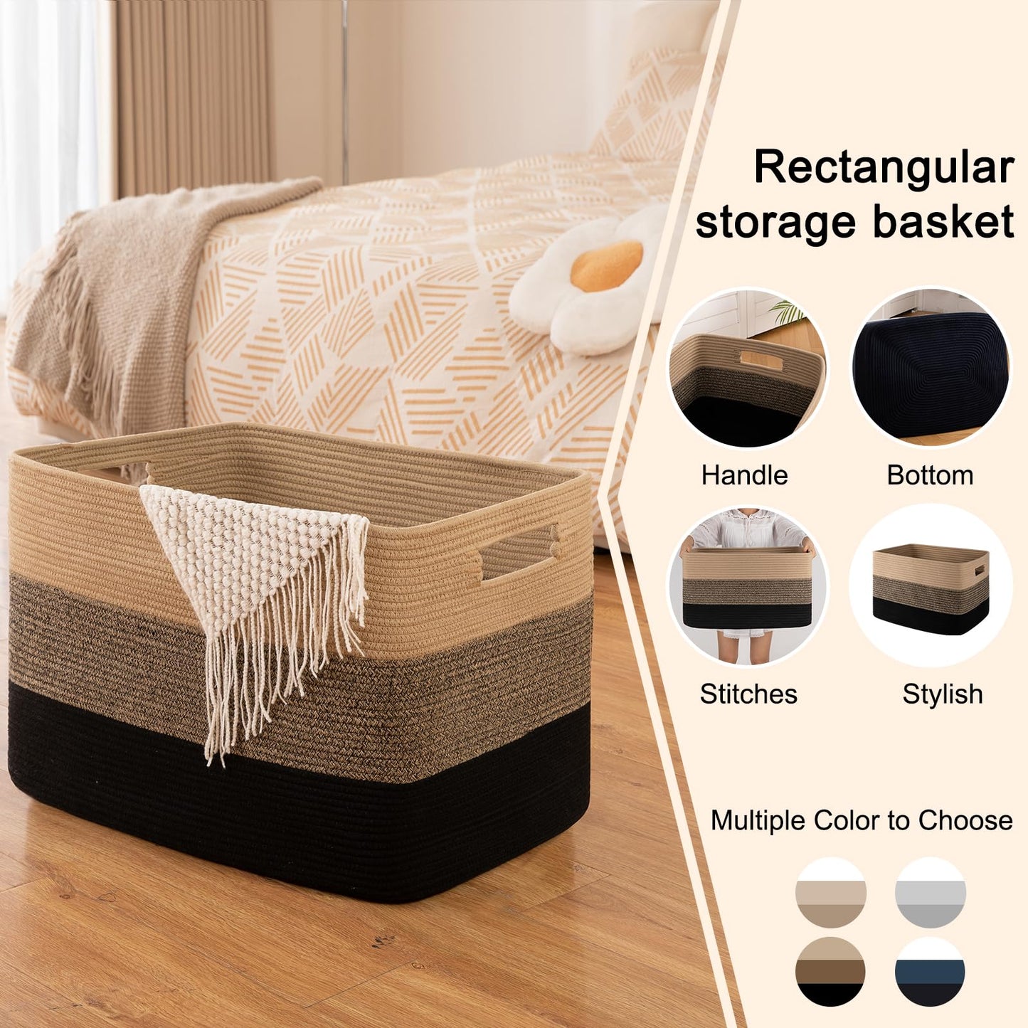 OIAHOMY - Cesta de manta súper grande de 108 litros, 25 x 16 x 16 pulgadas, cestas tejidas rectangulares para almacenamiento, cesta de cuerda de algodón para sala de estar, almacenamiento de juguetes