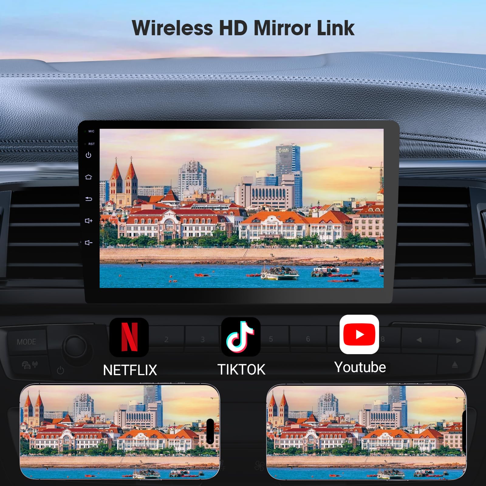 Estéreo de Coche Inalámbrico Doble DIN con Pantalla 10.1 Pulgadas y Cámara de Respaldo