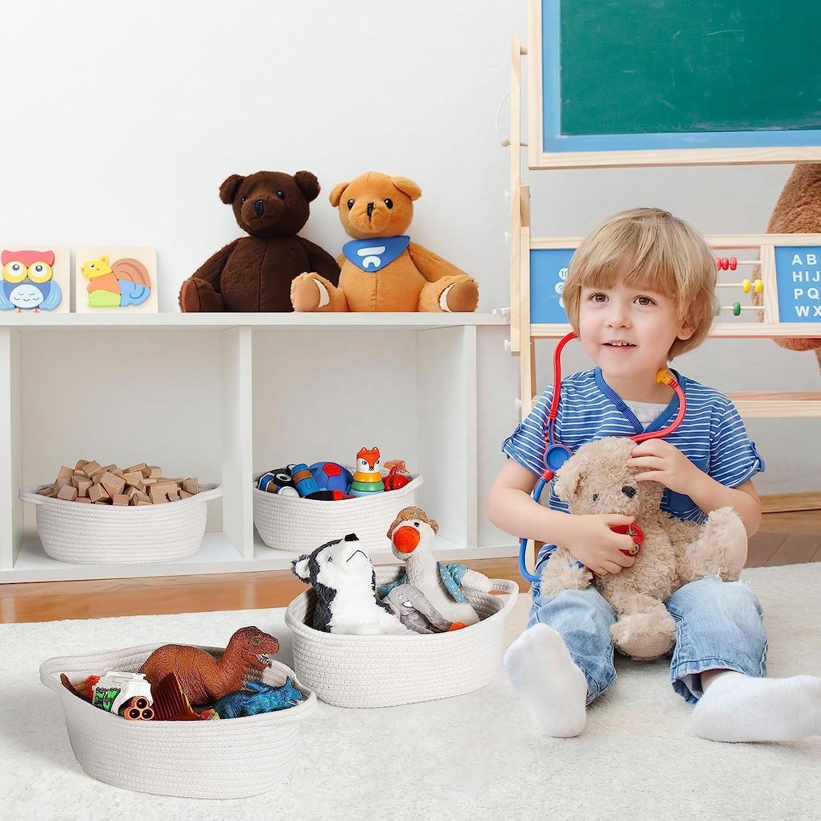 NUIO 5 Piezas Canastas Organizadoras Rectangulares de Algodón Natural con Asas, Caja Cestas de Almacenamiento,Ideal para Baño, Juguetes Infantiles, Clóset, Maquillaje y Organización del Baño (blanco)