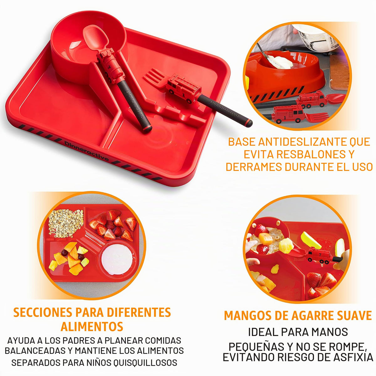 Dinneractive - Juego de comedor para niños, 3 piezas de vajilla de bombero rojo, utensilios de camión de bomberos, platos para niños pequeños, platos para bebés