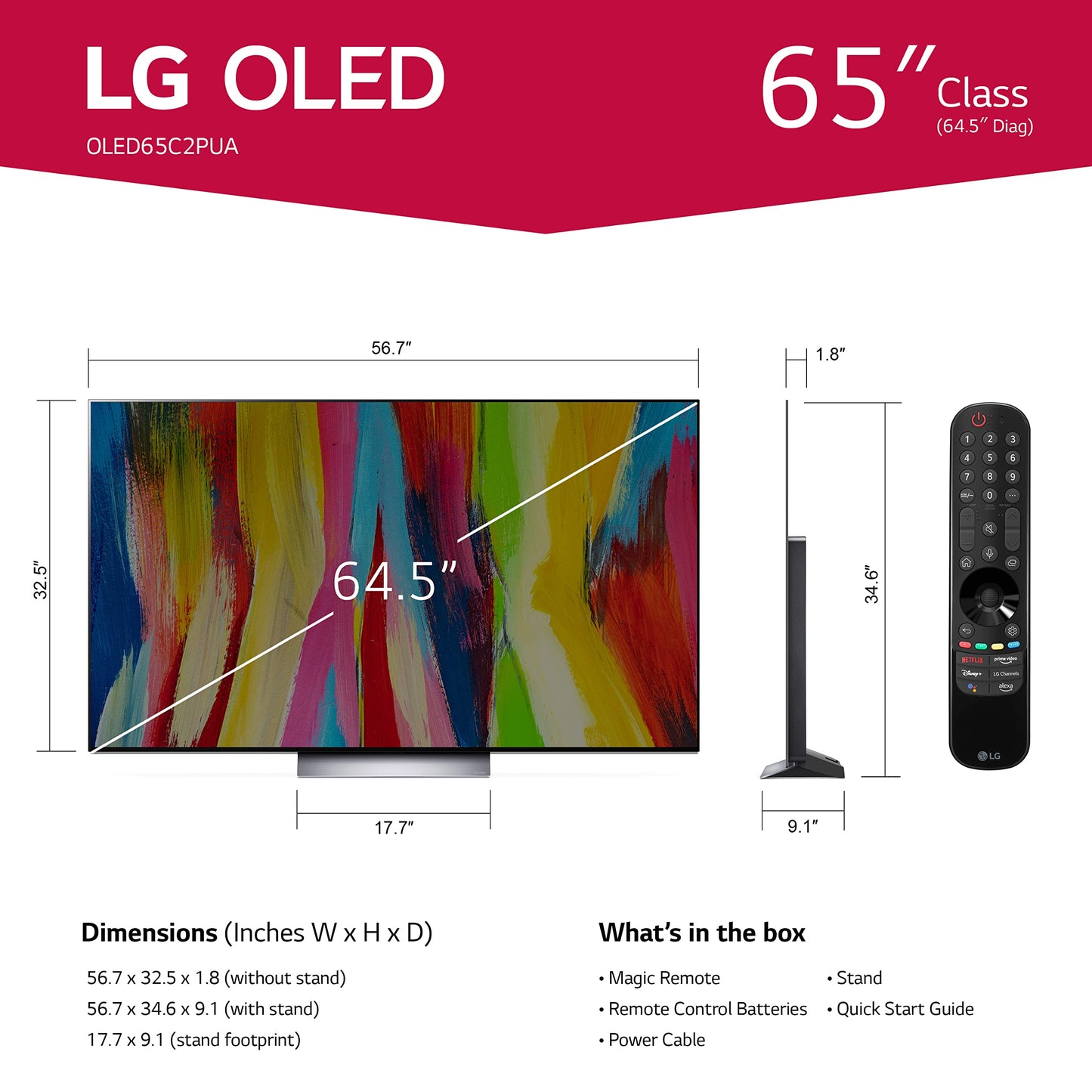 LG OLED EVO C2 Series 65” Alexa Built-in 4k Smart TV (3840 x 2160), 120Hz Refresh Rate, AI-Powered 4K, Dolby Cinema, WiSA Ready, Cloud Gaming (OLED65C2PUA, 2022)