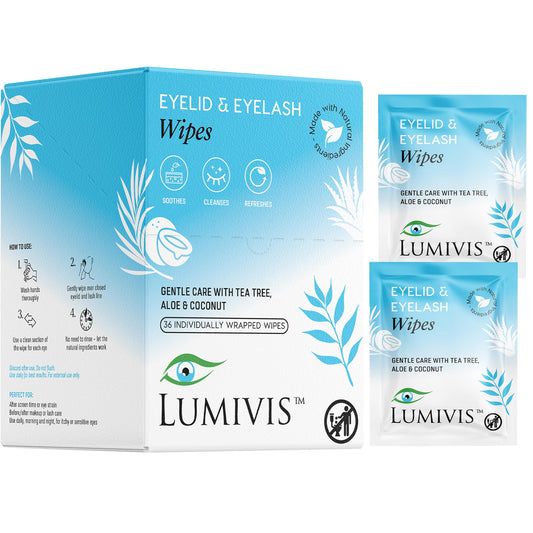 Lumivis- Toallitas para párpados y pestañas con aceite de árbol de té, 36 unidades: limpiador diario de ojos para blefaritis, picazón y orzuelo
