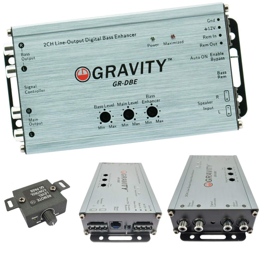 Gravity GR-DBE Convertidor de salida de línea premium de 2 canales con encantador digital de graves con perilla, amplificador dual, salidas de preamplificador de 9.5 voltios/controles de nivel a juego