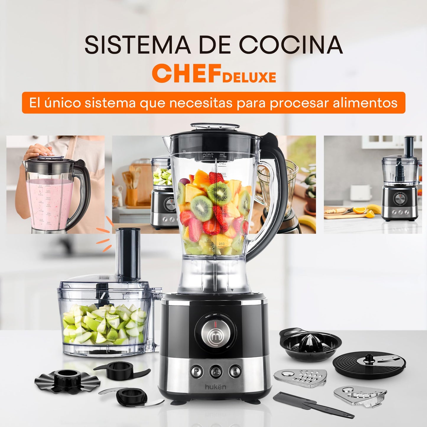 Hukën x MasterChef | Sistema de Cocina Chef Deluxe | 650W de Potencia | Más de 10 Accesorios para Licuar, Triturar, Rebanar y Más | Panel Digital | Acabados de Acero Inoxidable