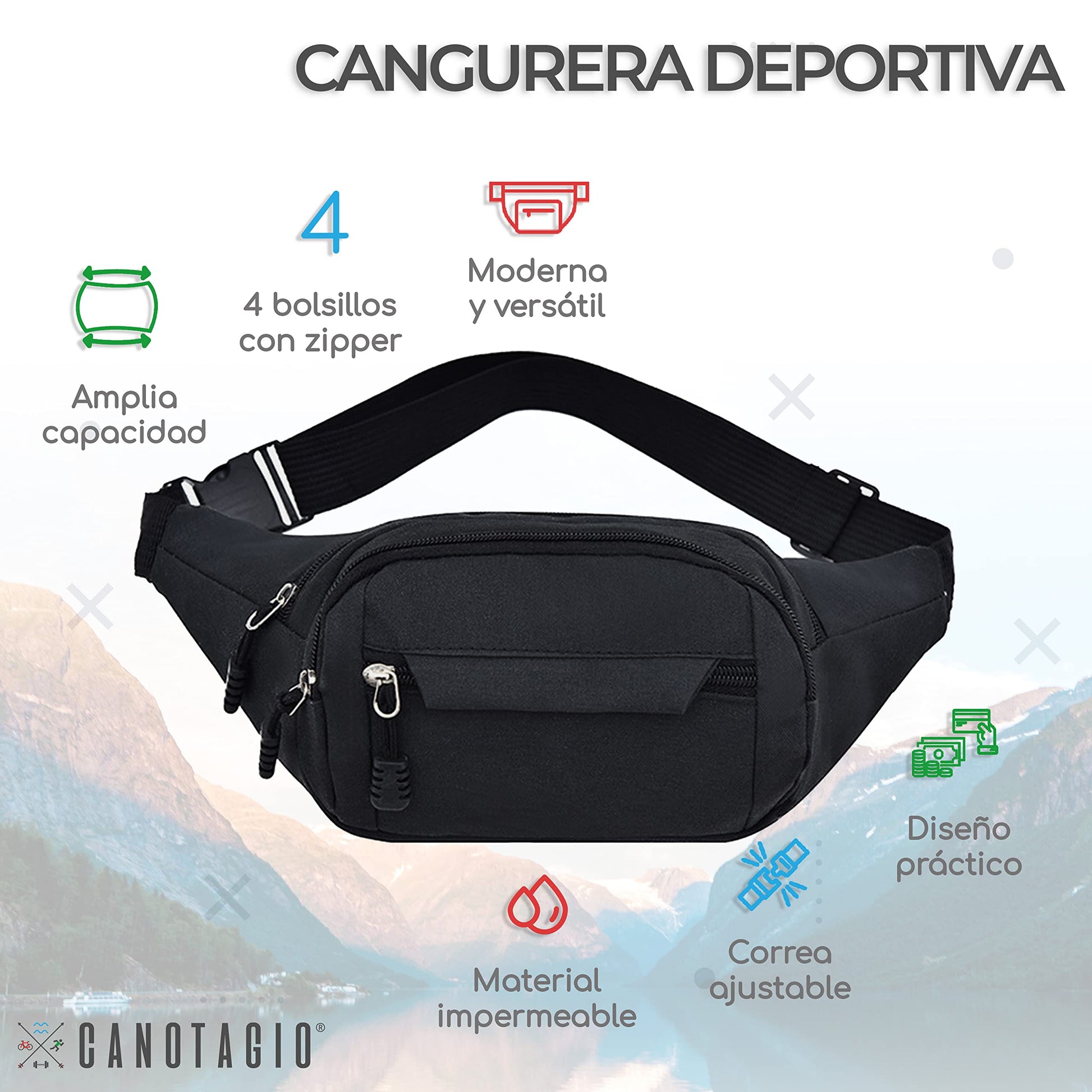 Canotagio Cangurera Deportiva de Viaje con Tela Impermeable de Amplia Capacidad. Para Hombre y Mujer. Excelente Riñonera de Viaje Ajustable. Fanny Pack/Running Belt/Travel Pouch. (Negro)