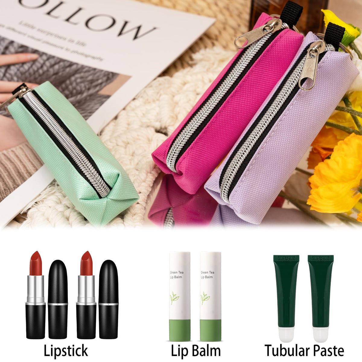 GOCOHHI - Soporte de 6 piezas para bálsamo labial, bolsa portátil para lápiz labial, accesorios de viaje, regalo ideal para mujeres, Color sólido, 1.37 * 1.37 * 4.52 inch, Bolsa