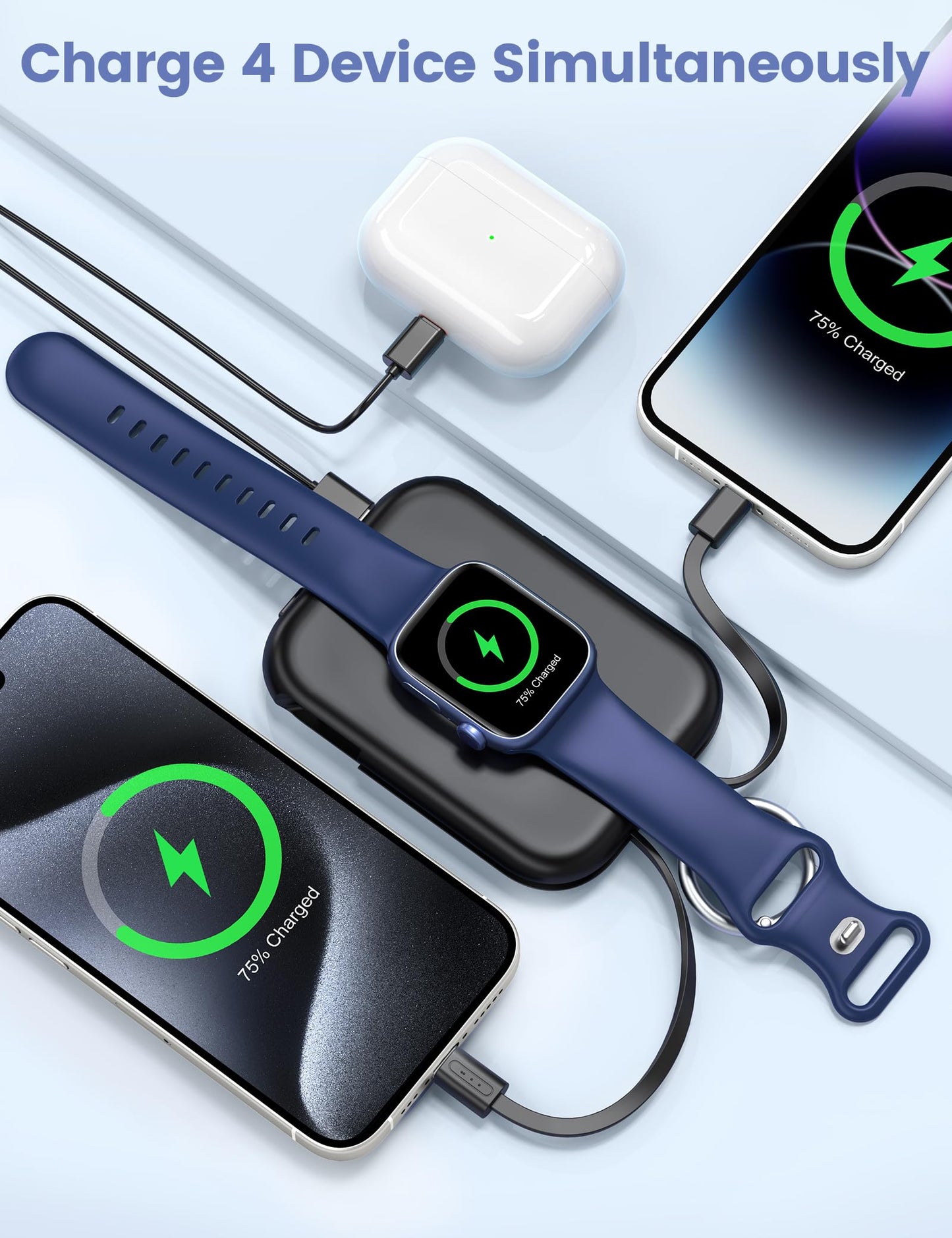 Power Bank RORRY Negro con Cables Integrados para Apple Watch y iPhone