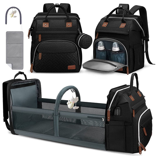 Mochila para Pañales DERJUNSTAR Negra con Cambiador y Puerto USB para Niños y Niñas