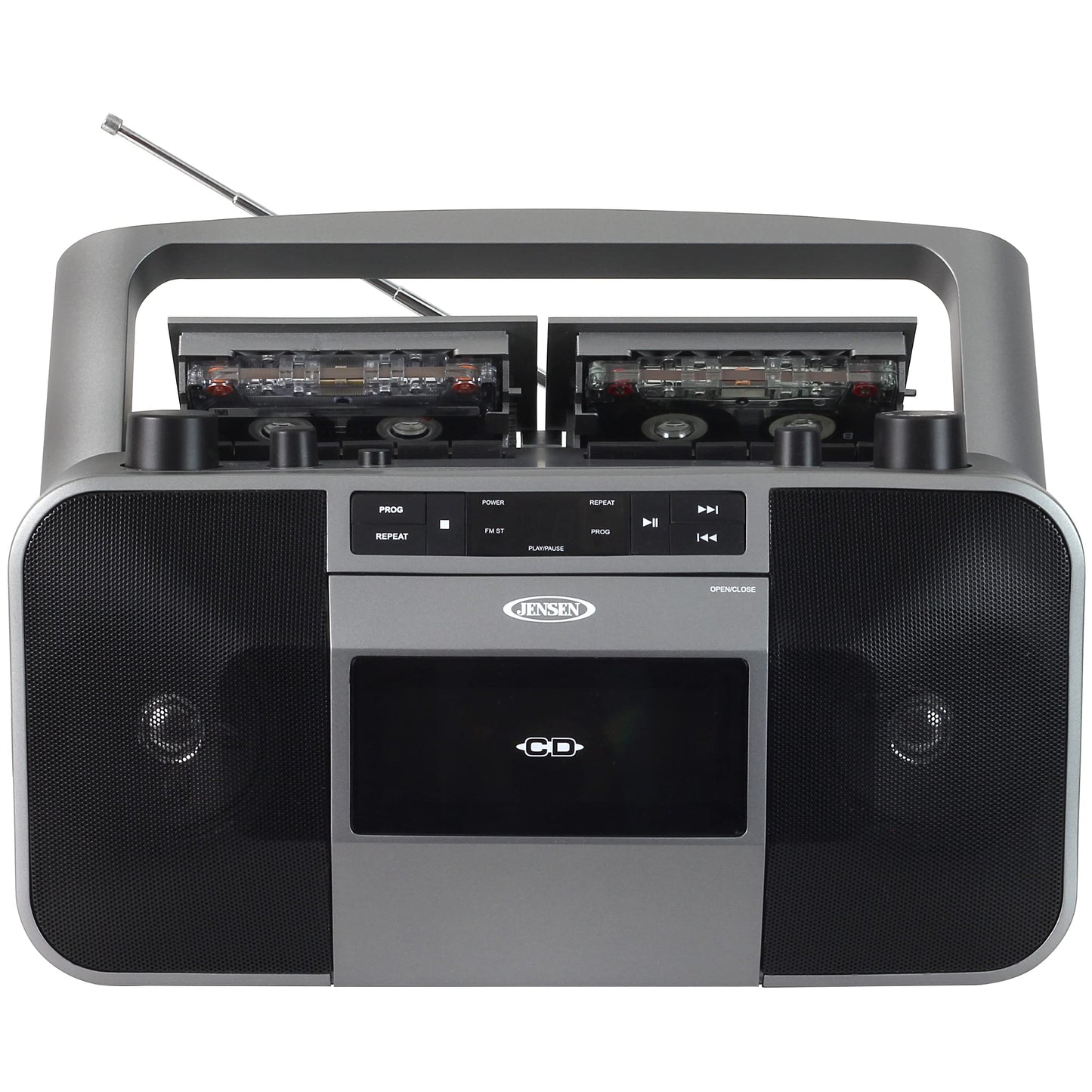 Jensen MCR-1500 Reproductor de CD y Casetes Portátil con Radio AM/FM, Estéreo, Gris, Compatible con CD y MP3, Conectividad Auxiliar y Auricular