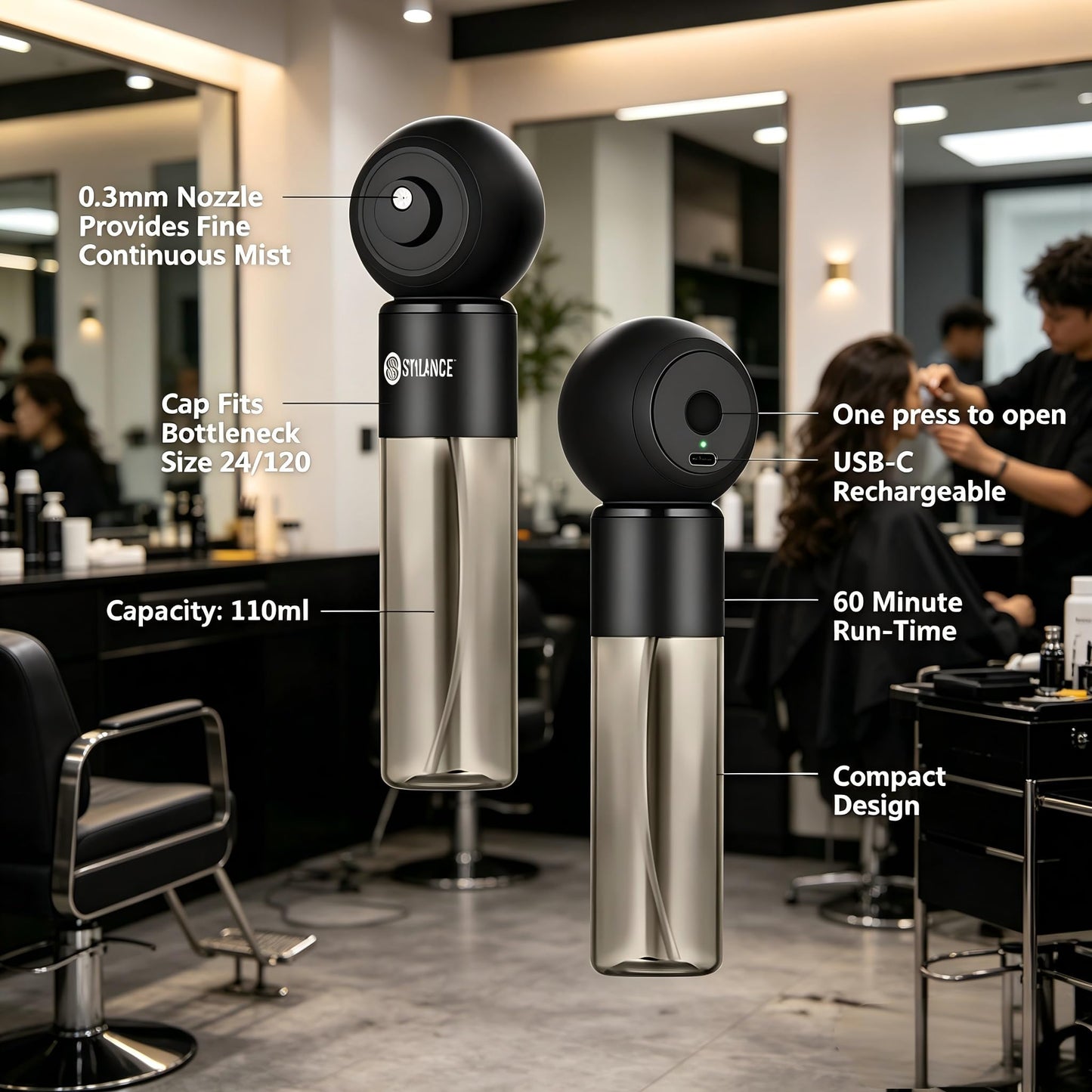STYLANCE Mini Nano Mister, pulverizador facial portátil de mano, recargable tipo C para barberos, salón, uso doméstico, tanque de agua visual de 120 ml