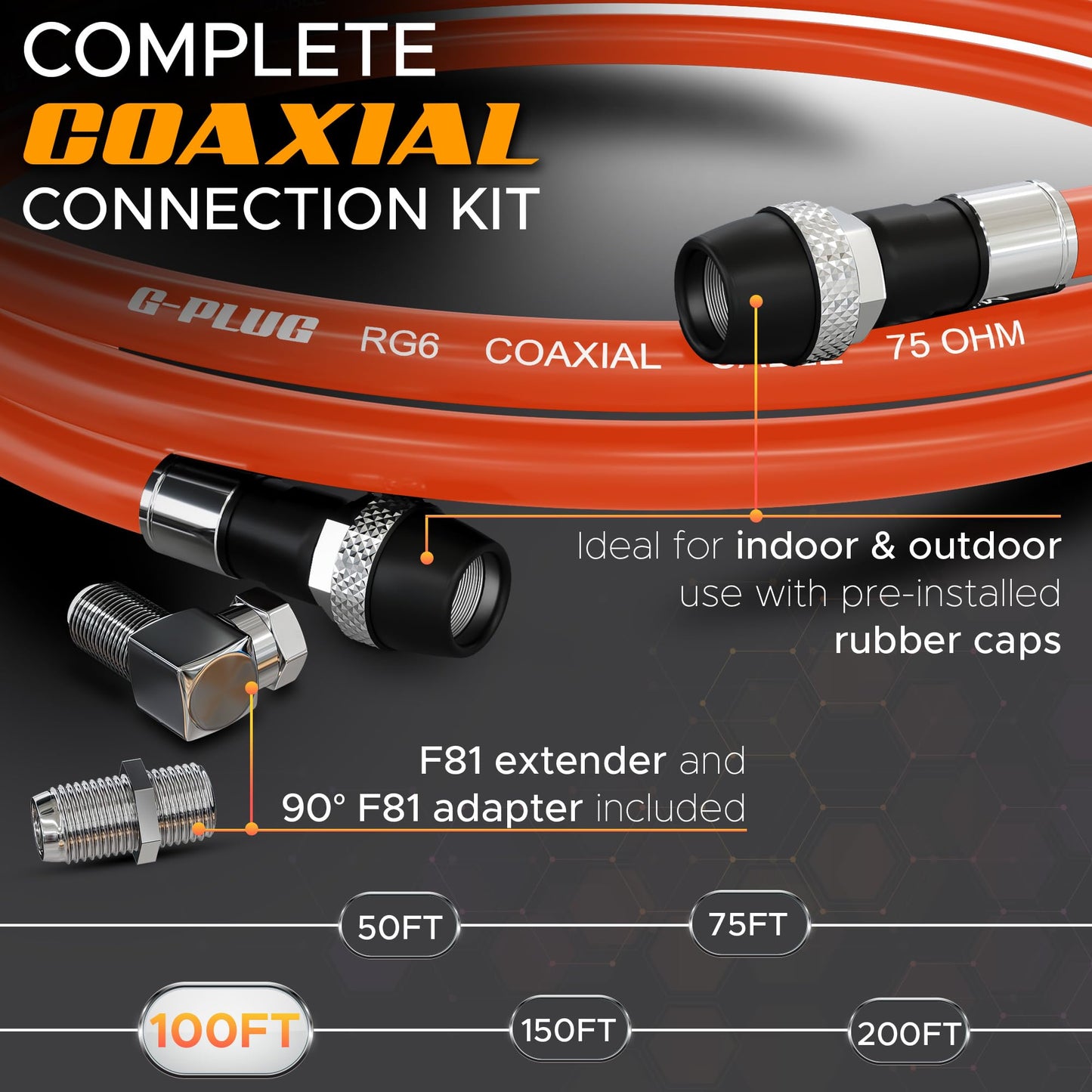 G-PLUG Cable Coaxial RG6 75 Ohm, Triple Blindaje, Impermeable, Conectores F Tipo Macho a Macho, Cable Antena TV, Satelital e Internet Banda Ancha, Incluye Acoplador F81, Naranja