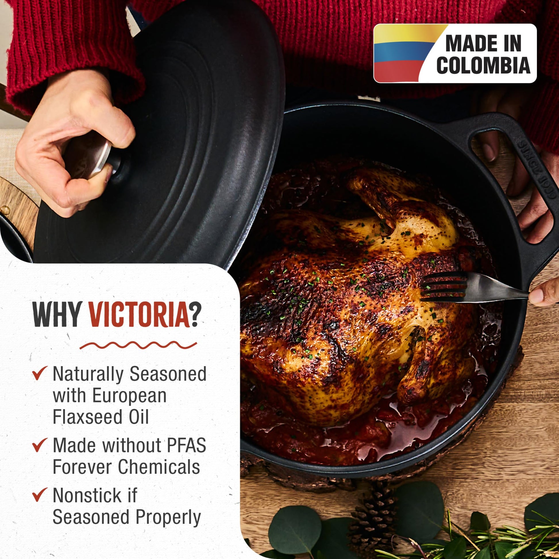 Victoria Horno holandés de hierro fundido de 7 cuartos con tapa y asas de doble bucle, sazonado con aceite de linaza, fabricado en Colombia