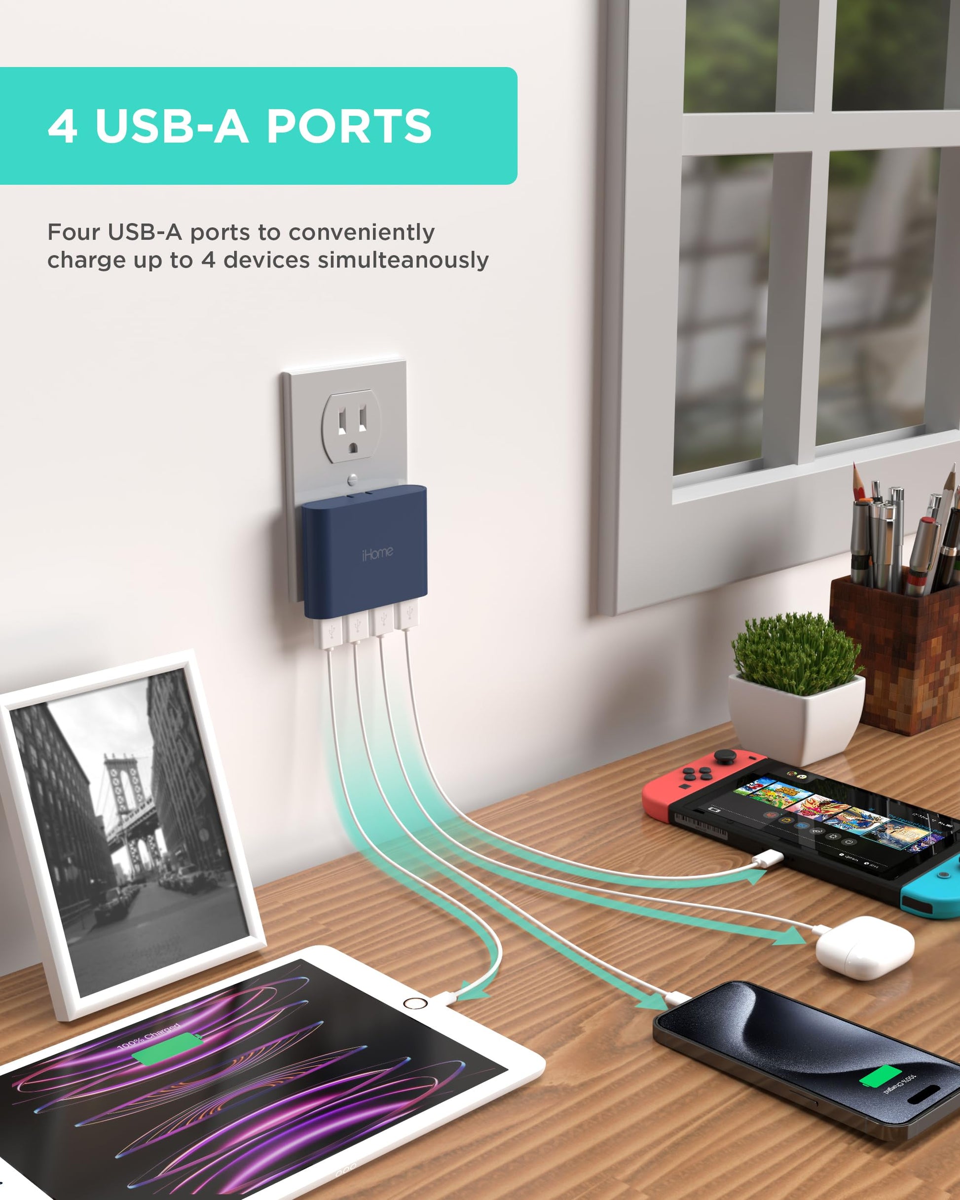 Cargador de Pared USB Slim iHome: Cargador USB Multipuerto AC Pro, Adaptador de Enchufe USB y Bloque de Carga para Teléfono, 4 Enchufes USB para Tomacorriente de Pared