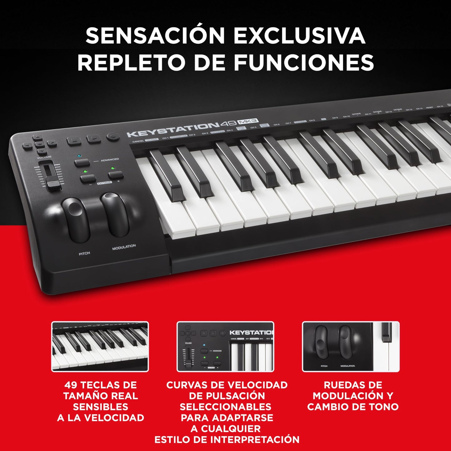 M-Audio Keystation 49 MK3 - Controlador MIDI USB con teclado de 49 teclas, controles asignables, ruedas de pitch/modulación, suite de software