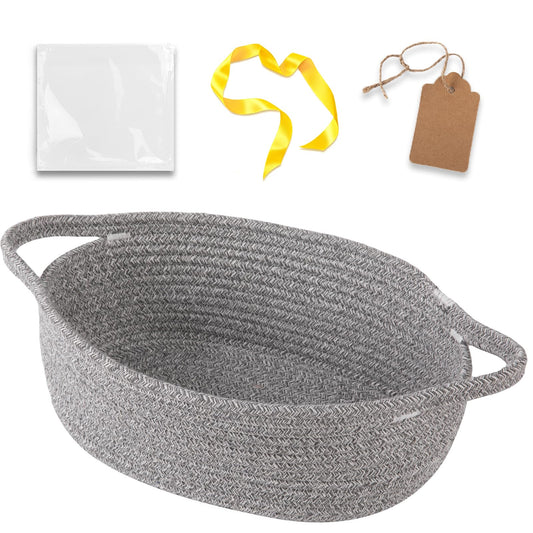 OIAHOMY Cesta tejida pequeña con bolsas de regalo y cintas, cesta de regalo vacía con tarjeta de etiqueta de bricolaje, caja organizadora decorativa para bebé mascota de juguete, gris