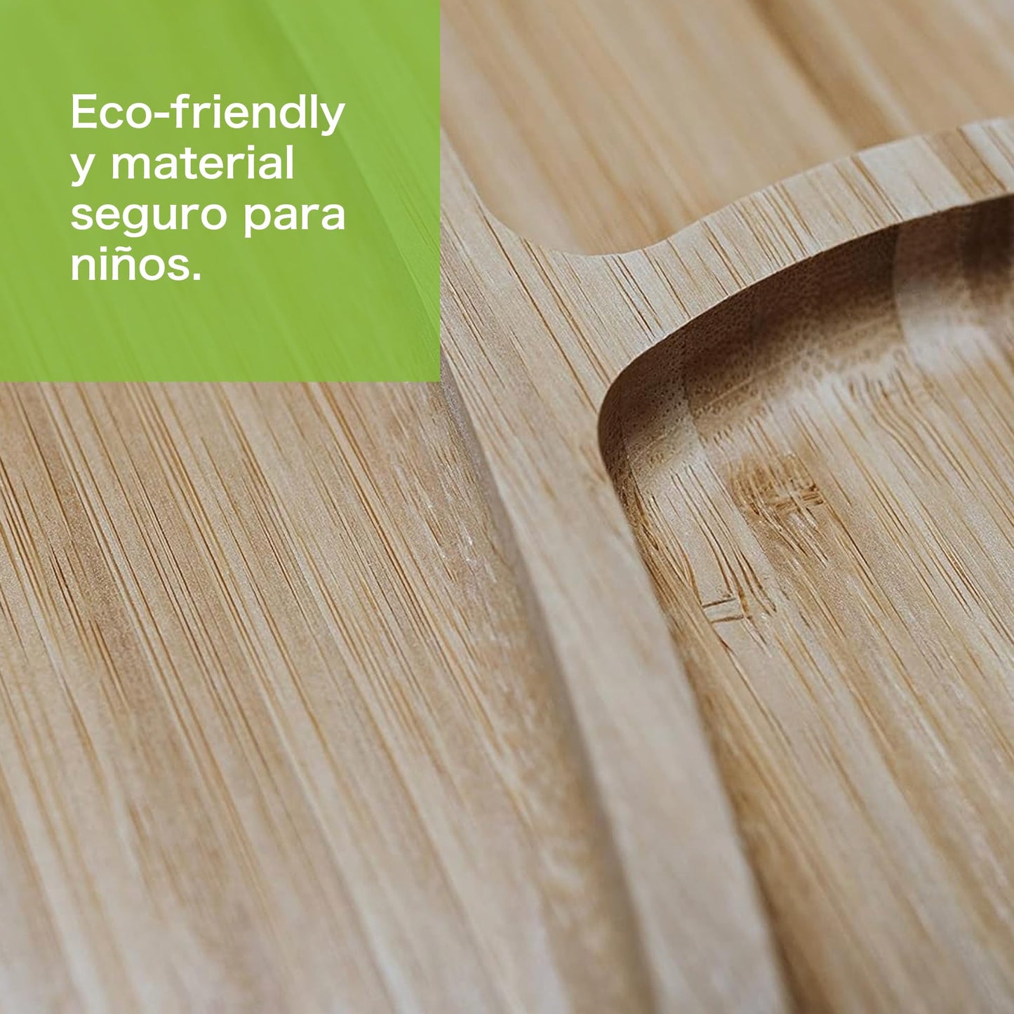 Ecowood Plato Extendido de Bambú con Divisiones para Bebe y Niño Con Base de Silicona Succión Adherente y Antiderrapante - Plato para Bebé y Niño Incluye Cuchara de Bambú Color Verde