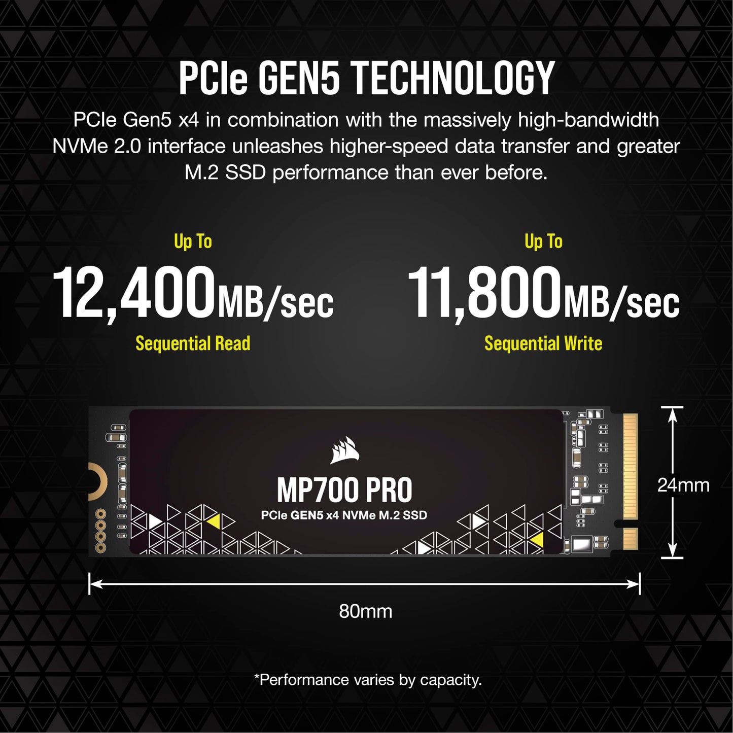 Corsair MP700 Pro 1TB M.2 PCIe Gen5 x4 NVMe 2.0 SSD - M.2 2280 - hasta 11.700MB/s Lectura secuencial - TLC NAND de Alta Densidad - Negro