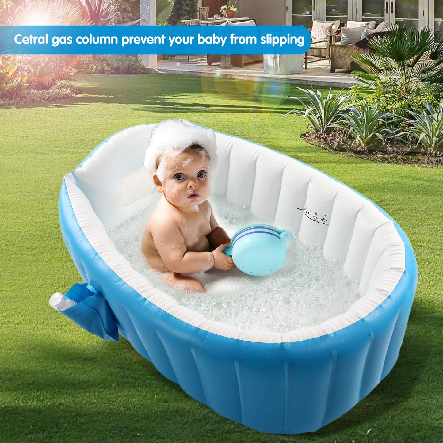 Bañera inflable para bebé, tina de viaje antideslizante portátil para niños pequeños, alberca gruesa plegable para baño con bomba de aire, azul