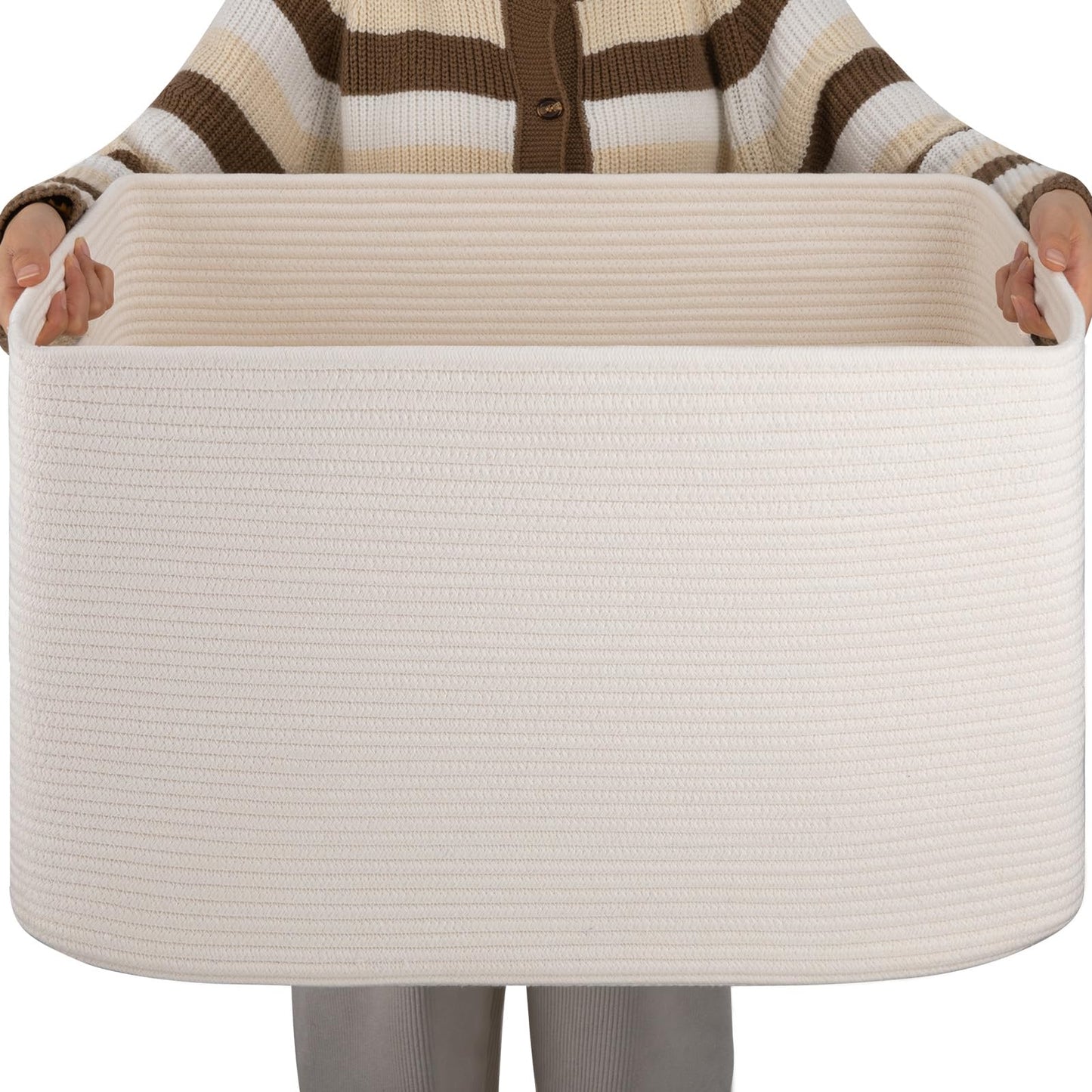 OIAHOMY - Cesta rectangular grande de 96 L, cesta tejida de algodón para almacenamiento, cesta de ropa sucia para sala de estar, guardería, recámara, organización de juguetes con asa, 24 x 16 x 15
