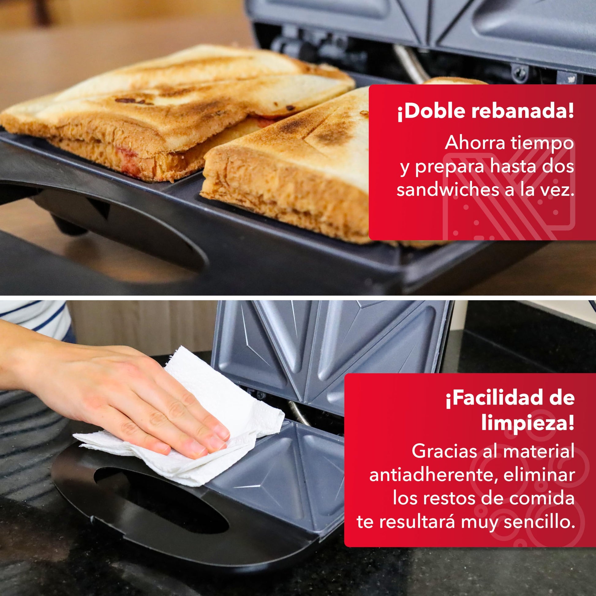RCA Sandwichera Eléctrica RC-SW1, Placa Antiadherente, Doble Rebanada, Temperatura Ajustable, Luces Indicadoras, Seguro Frontal, Diseño Compacto y Acero Inoxidable, Ideal para Sándwiches y Desayunos