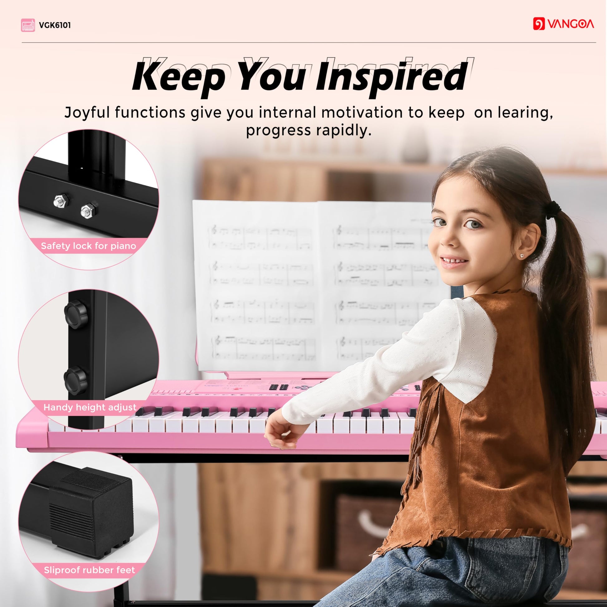 Teclado de Piano Vangoa Rosa 61 Teclas Kit Portátil con Micrófono para Niños y Estudiantes