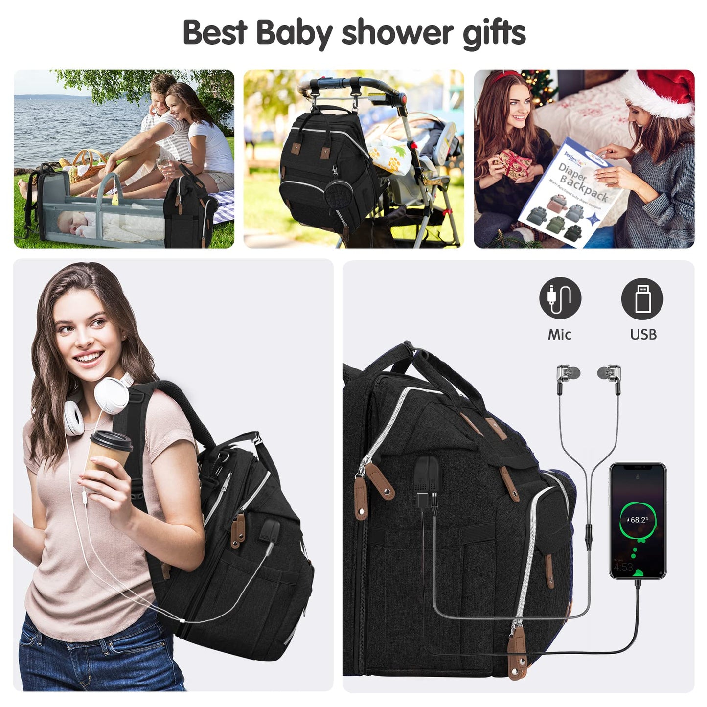 DERJUNSTAR - Mochila para pañales de gran capacidad con cambiador, mochila de viaje impermeable para niños y niñas, bolsa de bebé multifunción con puerto de carga USB, color negro