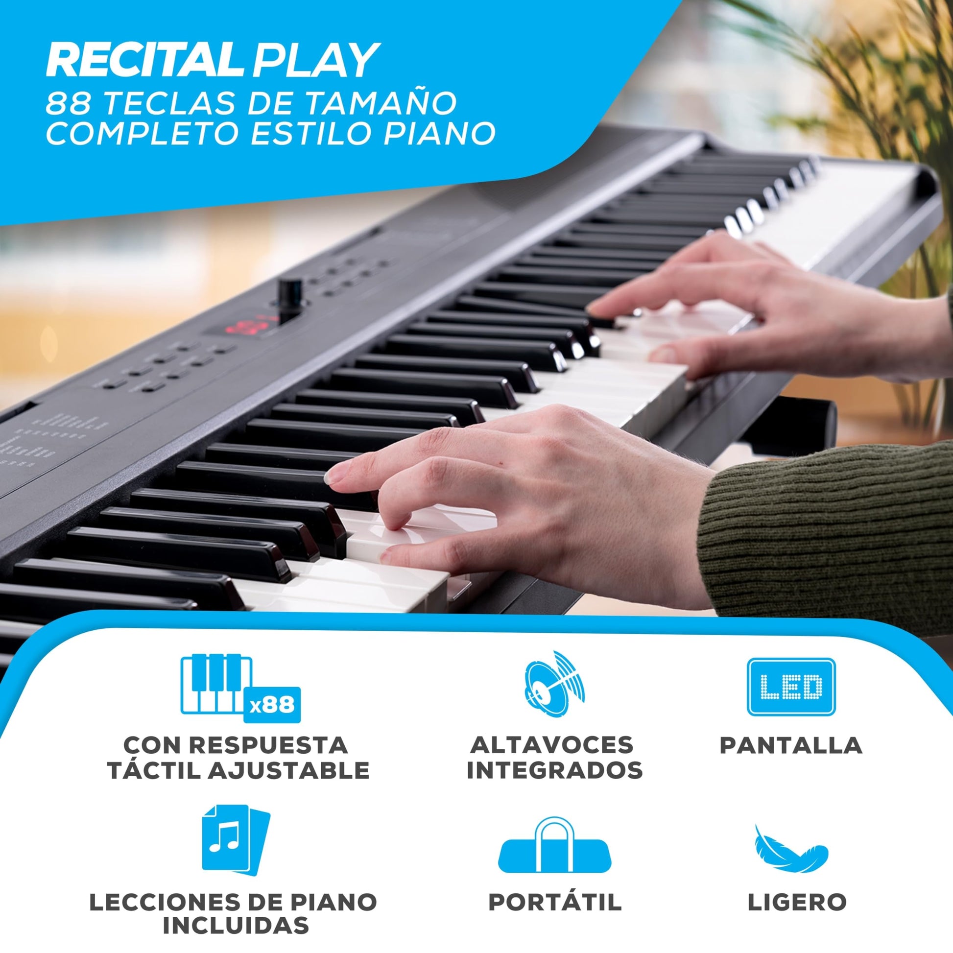 Alesis Teclado Piano con 88 Teclas y 480 Sonidos, Altavoces, MIDI USB, Estuche, Soporte, Auriculares, Pedal y Lecciones de Piano Incluidas