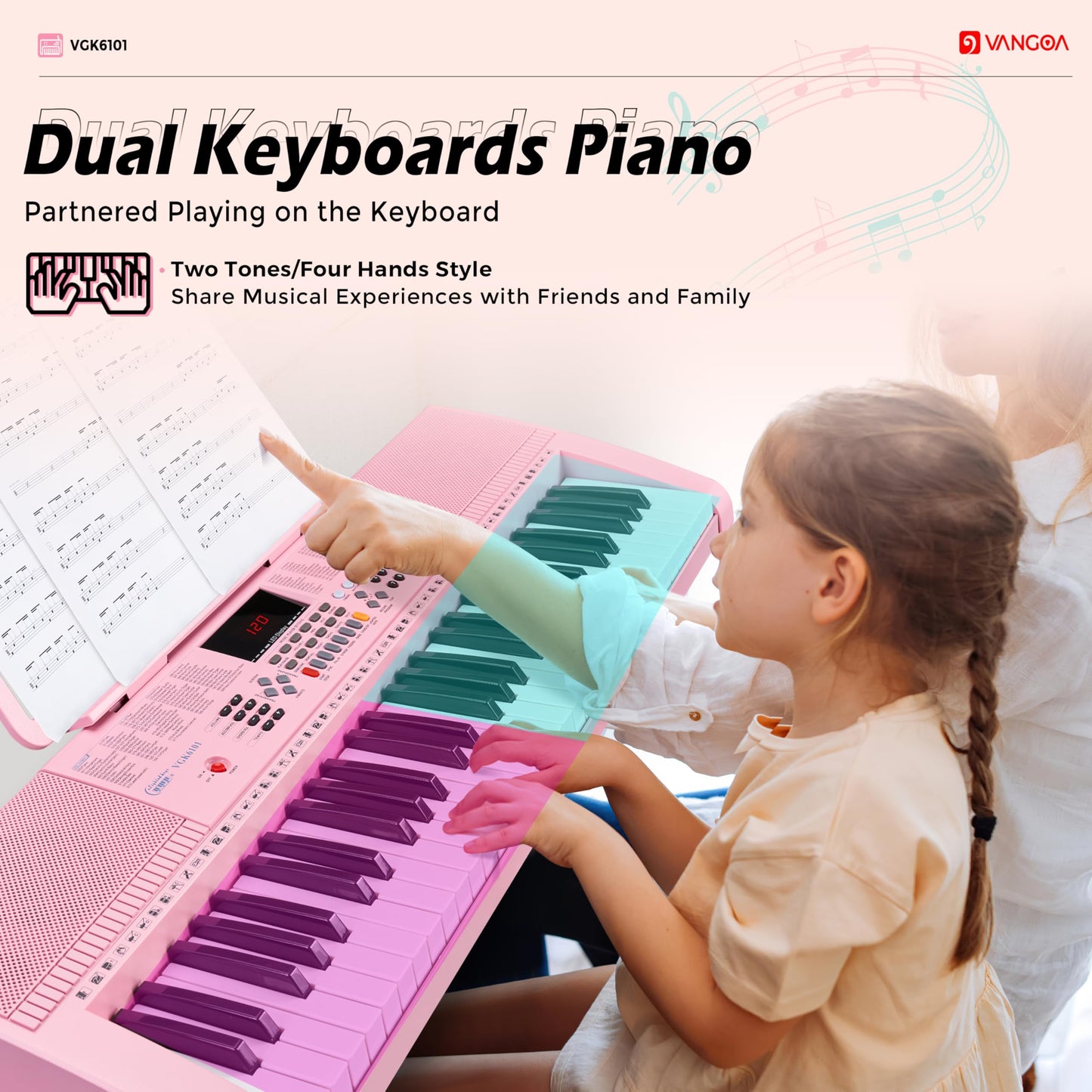 Teclado de Piano Vangoa Rosa 61 Teclas Kit Portátil con Micrófono para Niños y Estudiantes