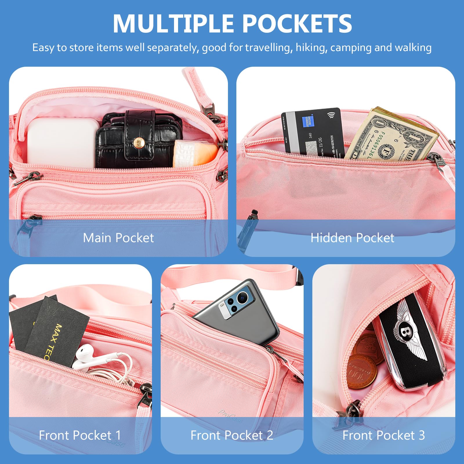 Cangurera Deportiva ProCase Rosa con Cinturón Ajustable y Hebilla para Unisexo