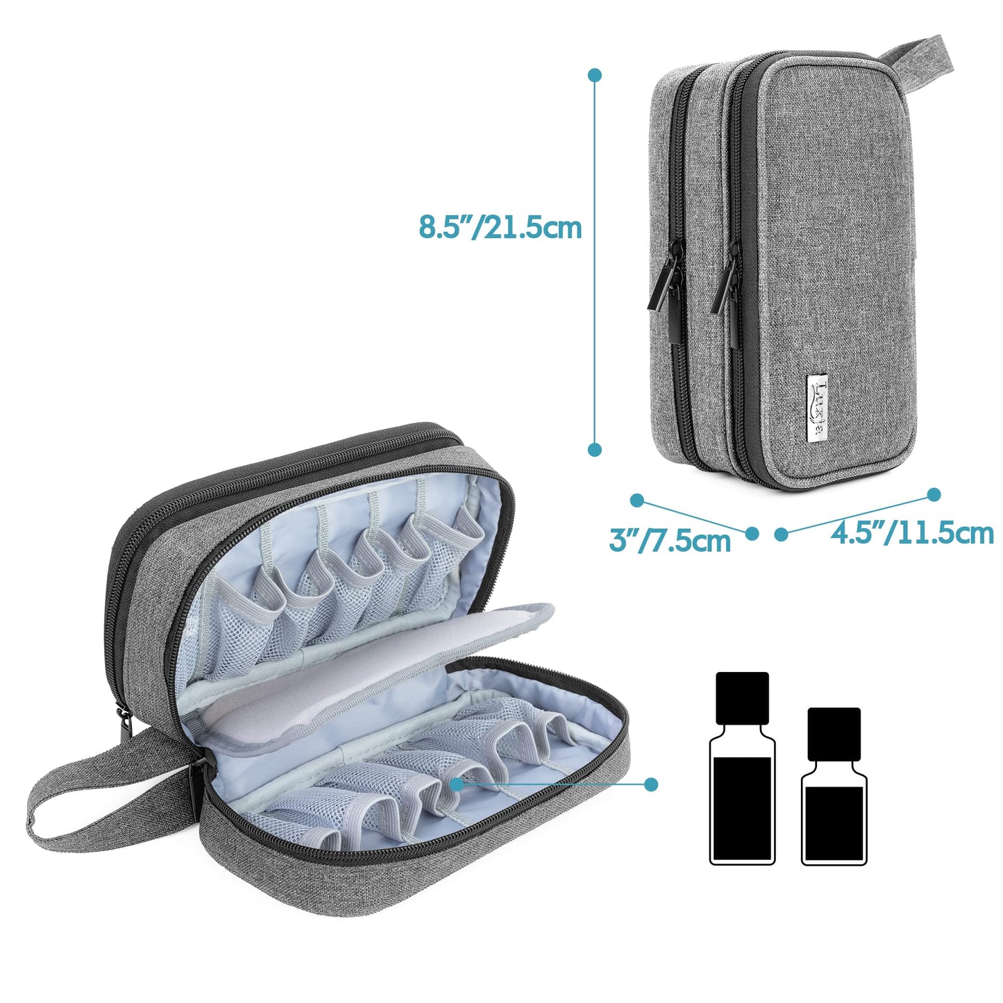 (Double-layer Bag, Gray) - Luxja Essential Oil Carrying Case - Holds 12 Bottles (5ml-15ml, Also Fits for Roller Bottles), Portable Double-Layer Organiser for Essential Oil and Accessories, Grey