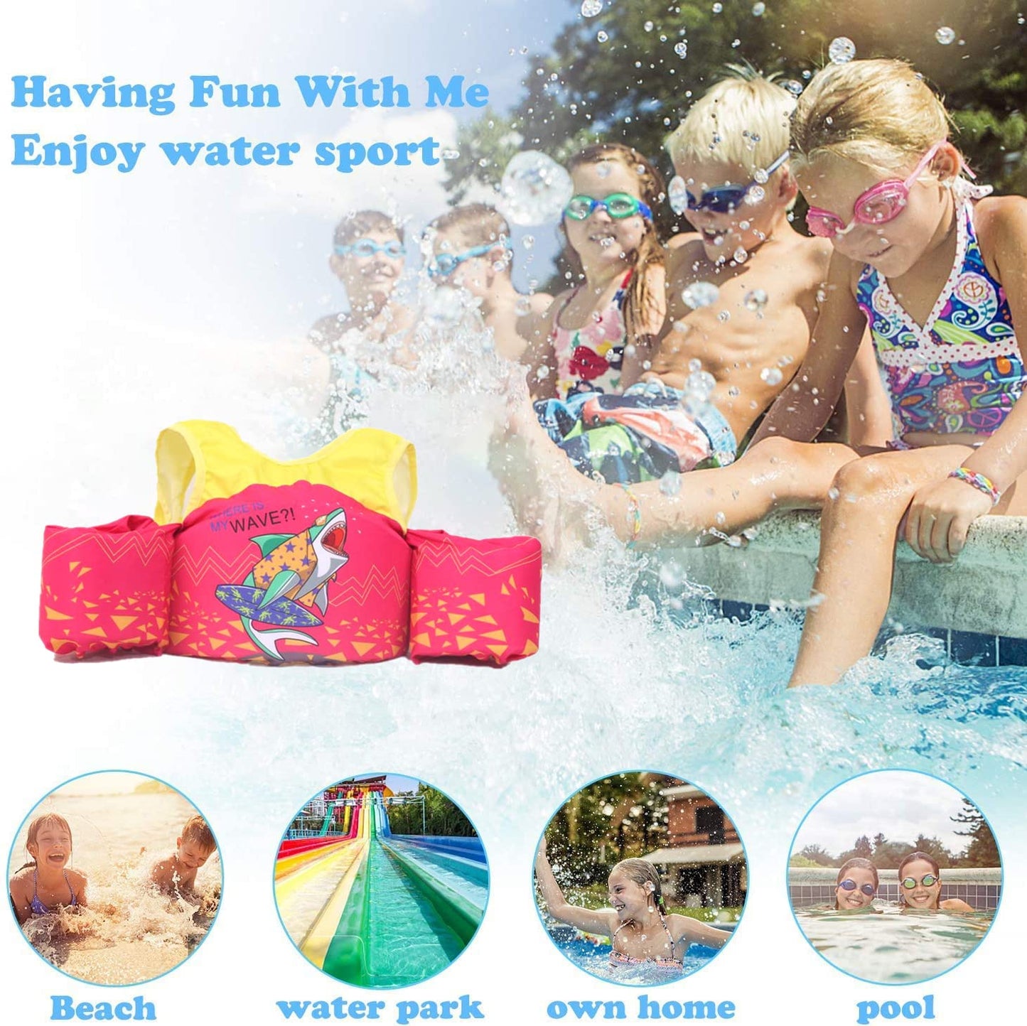 Chaleco Salvavidas para Niños, Chaleco De Natación para Niños, Flotadores para Niños con Chaleco De Seguridad para Piscina Parque Acuático Lago Y Playa (Tiburón)