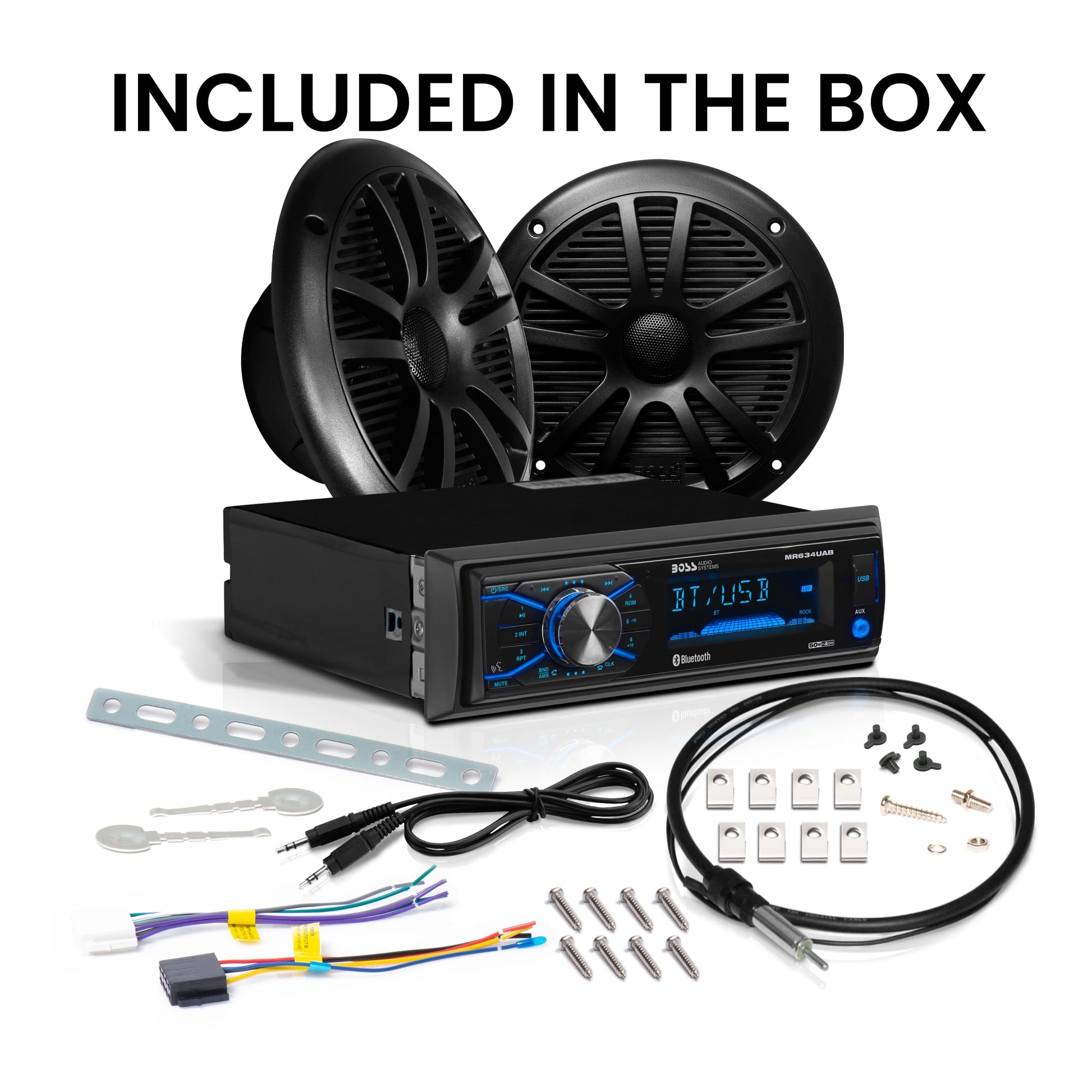 BOSS Audio Systems MCBK634B.6 Paquete de altavoz receptor de barco marino – Unidad principal estéreo de DIN único, radio, sin reproductor de CD, Bluetooth, dos altavoces de rango completo de 6.5 pulgadas, antena dipolo