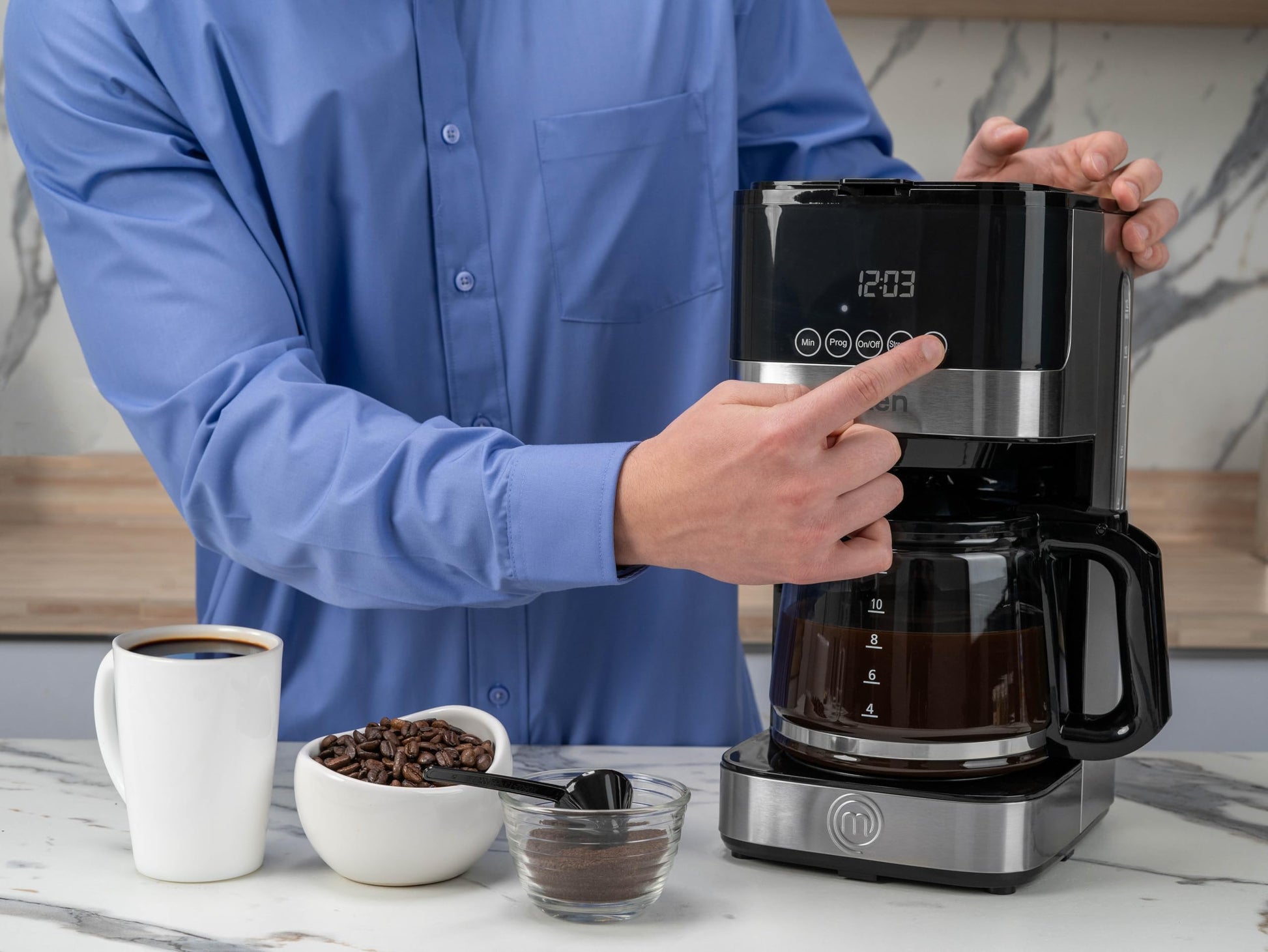 Cafetera Smart Brew MasterChef by Hukën, Cafetera de goteo, programable, inteligente, con filtro permanente, capacidad 12 tazas, gris, modelo MK-DCM-12PV2