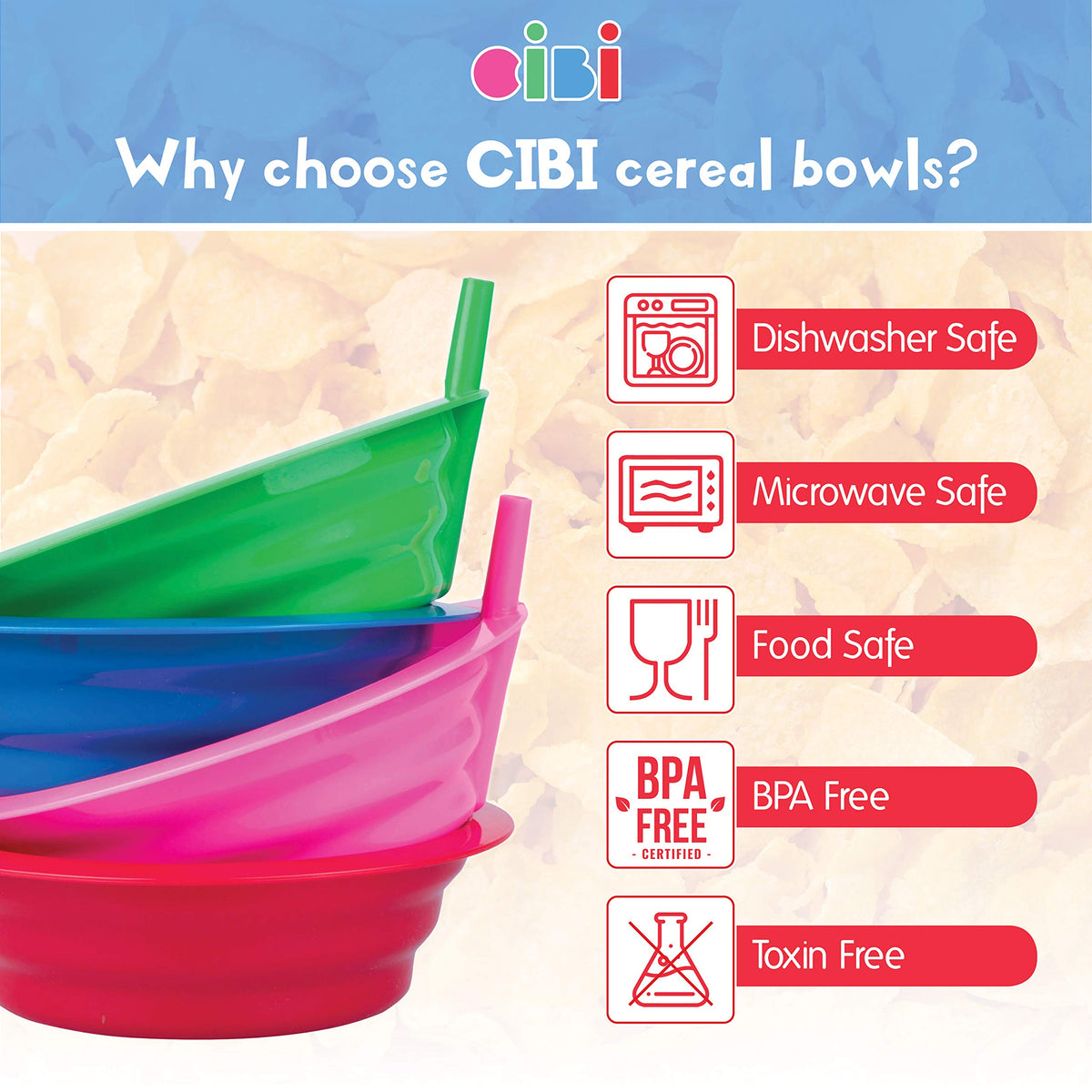 Cibi - Cuencos de cereales con pajitas para niños de plástico sin BPA | Tazones para niños pequeños con pajita integrada para cereales y sopa | Juego de 4 cuencos coloridos para desayuno..