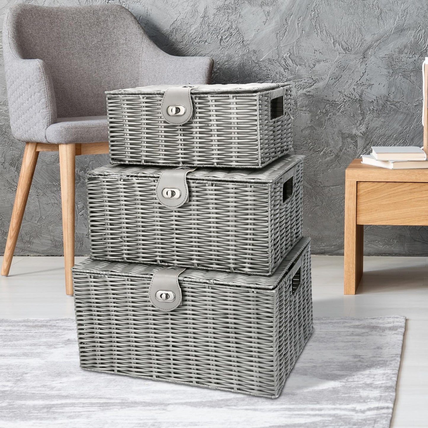 Honygebia - Cestas de almacenamiento de mimbre gris – Juego de 3 cajas decorativas con tapas, cesta tejida con cerradura y asa, organizador para maquillaje de belleza decoración de baño