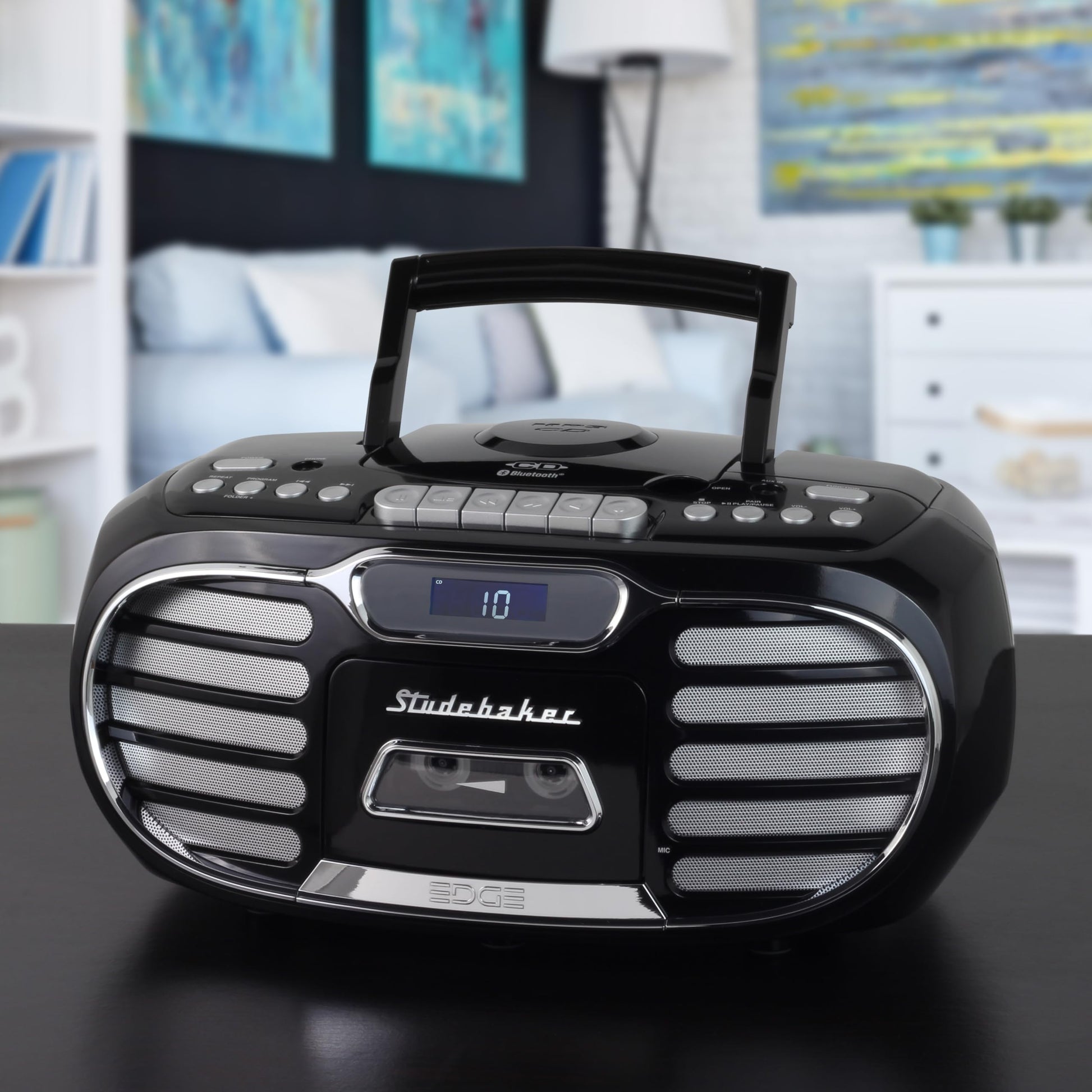 Boombox Bluetooth Retro Edge Negro con Reproductor de CD/Cassette y Radio Estéreo AM-FM