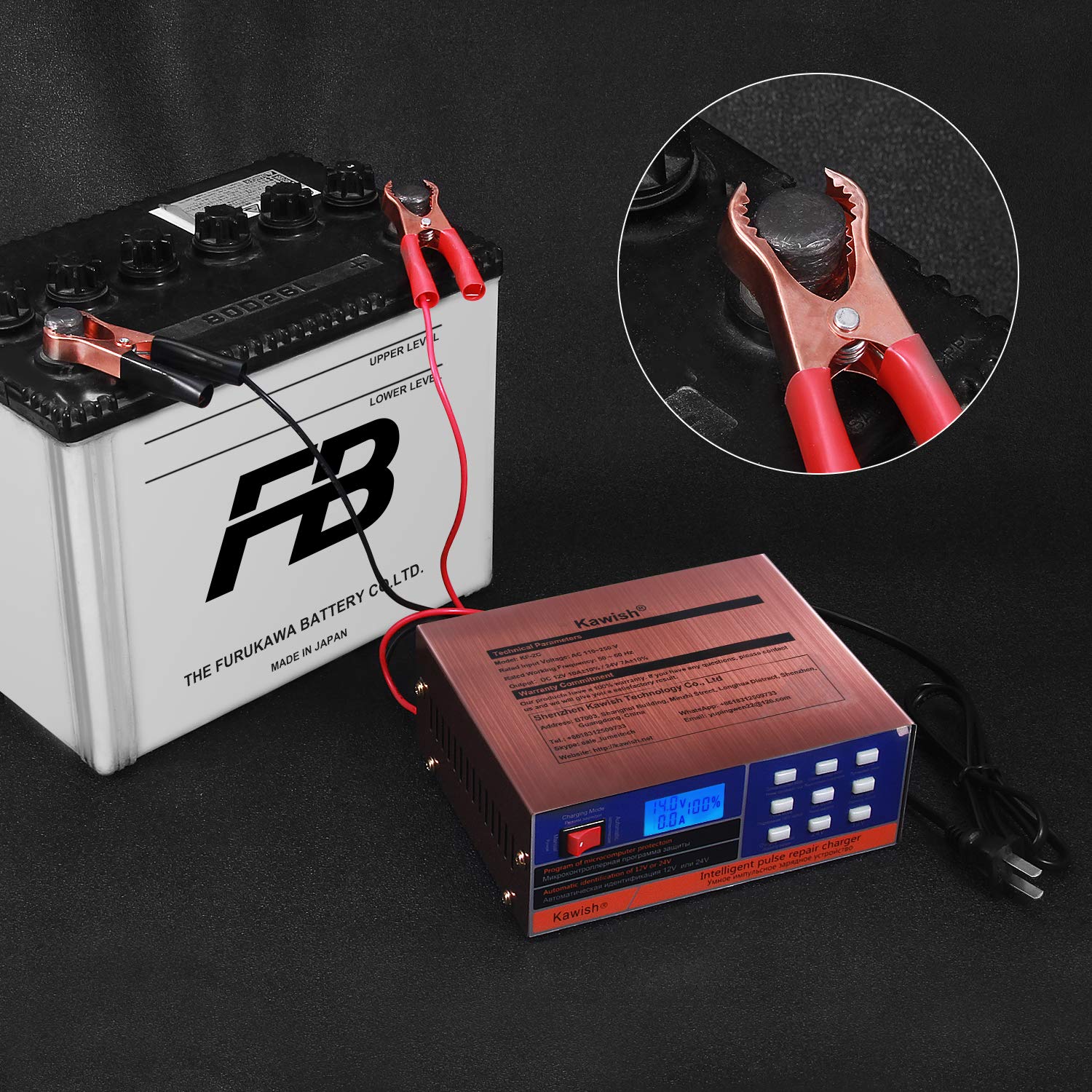 Kawish - Cargador de batería automático completo para coche, 12 V/10 A, 24 V/7.5 A, cargador de batería inteligente para reparación de pulsos, camión, motocicleta, con cepillo para polvo de limpieza