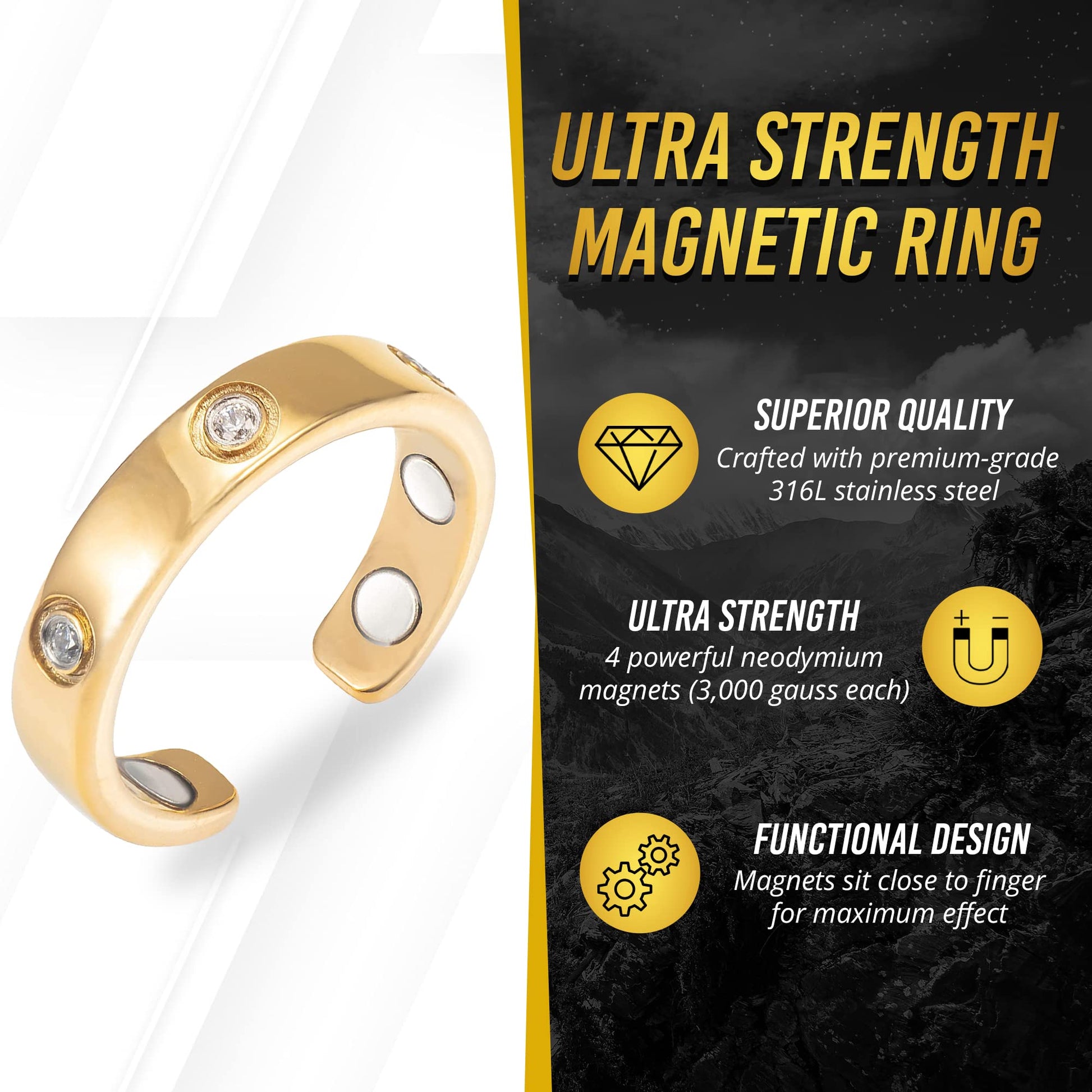 MagnetRX® Magnetic Ring for Women - Elegant Crystal Ring - Magnet Rings for Women (8, gold)
