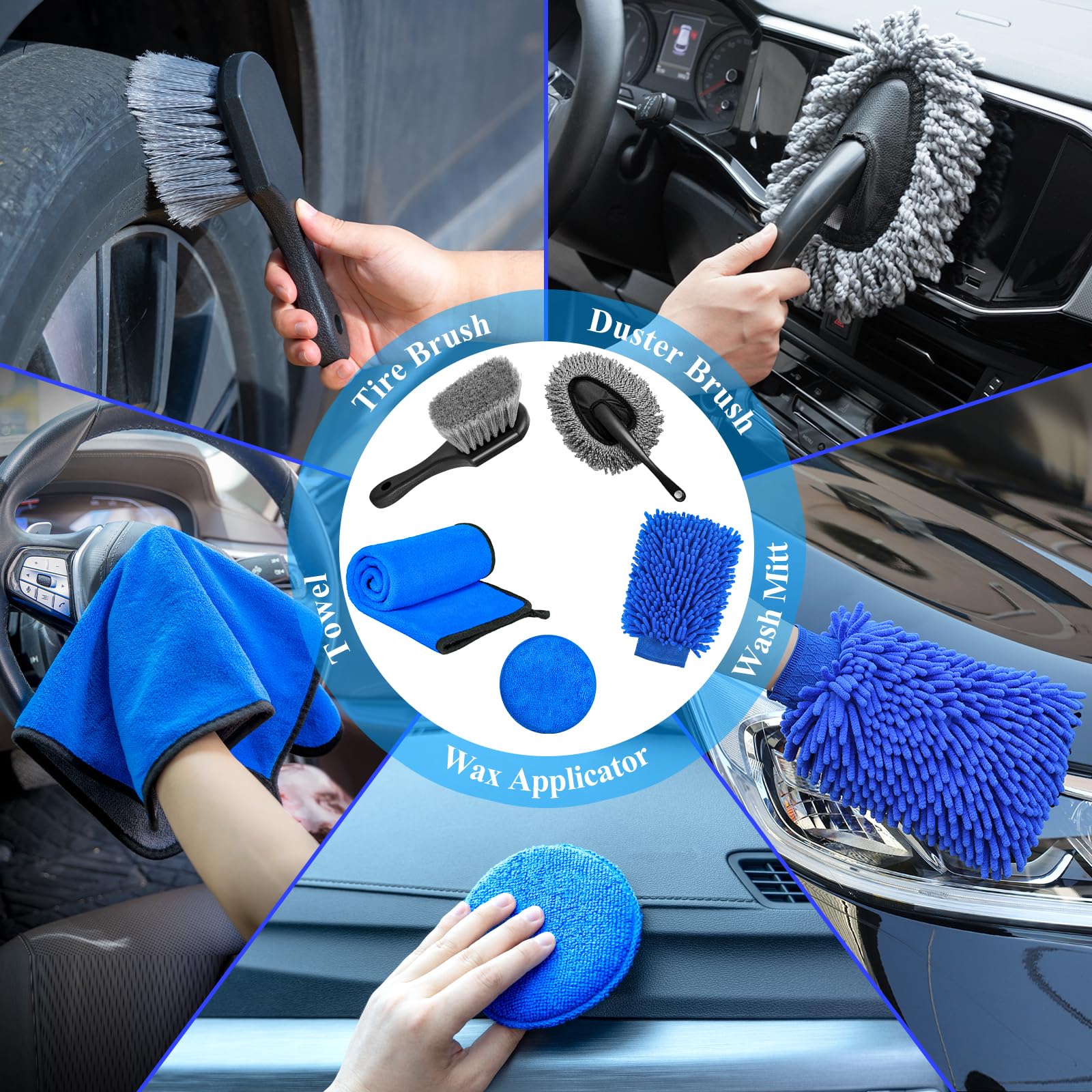 AUTODECO - Juego de 31 cepillos para detalles de coche, kit de detalles de coche, juego de cepillos de taladro para detalles automáticos, kit de herramientas de limpieza de lavado de automóviles para interiores, exteriores, ruedas, azul