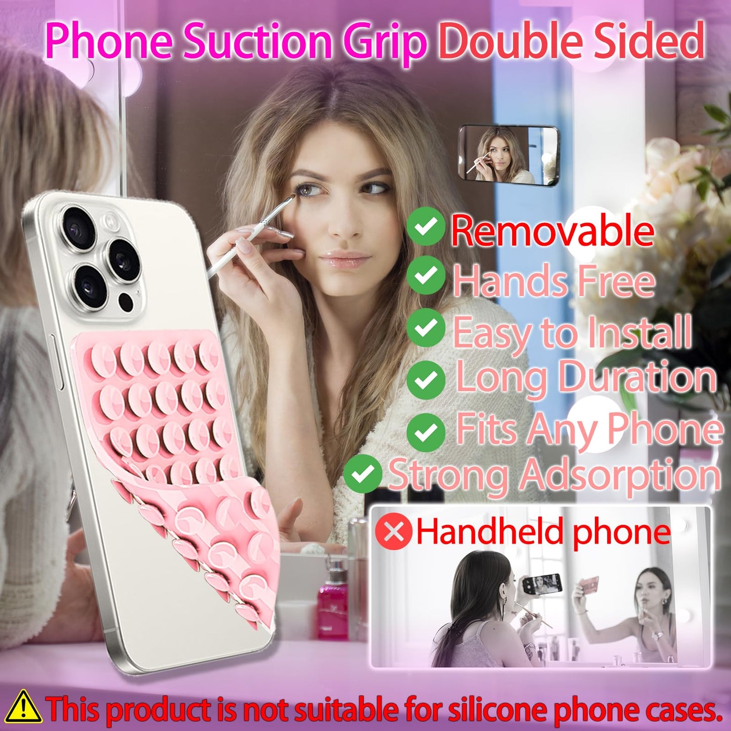 Giumel - Juego de 1 funda de silicona con ventosa para teléfono de doble cara, accesorios para teléfono manos libres, soporte de agarre fuerte para selfies y videos, soporte de silicona calcomanía