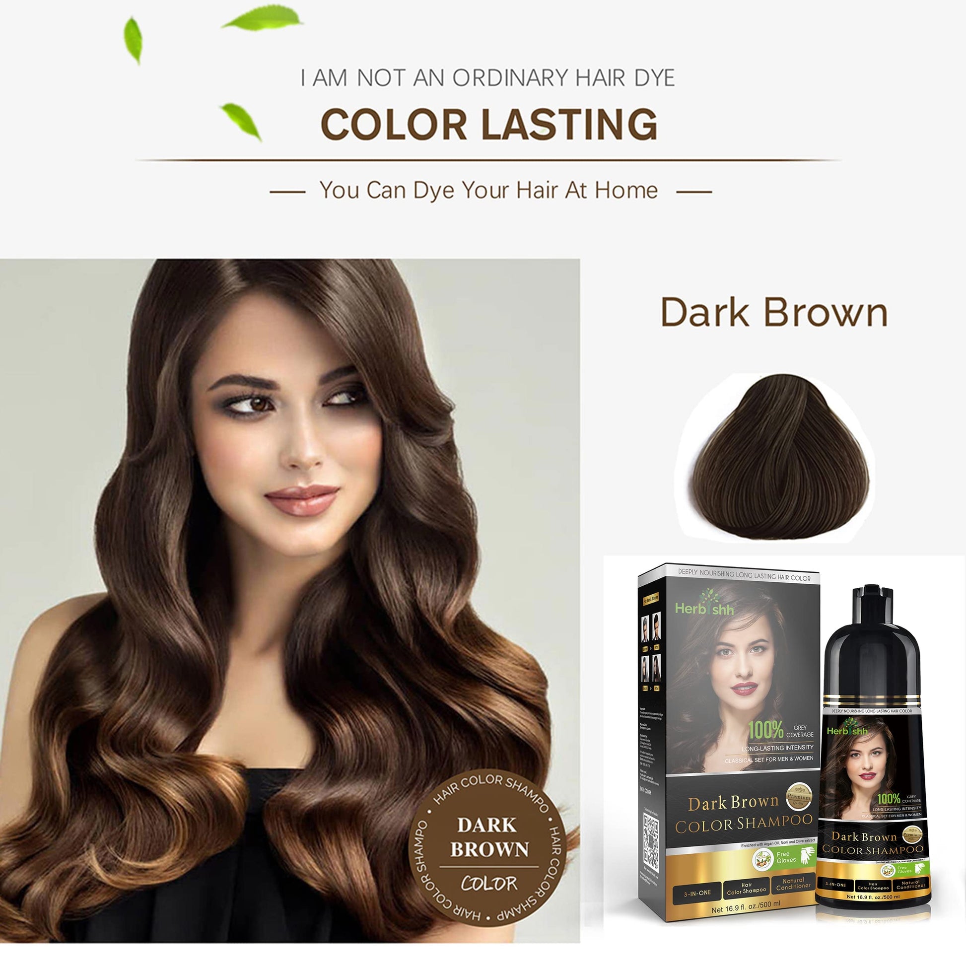 Herbishh - Champú colorante para cabello gris, champú con tinte natural para el cabello, colorea el cabello en minutos, dura hasta de 3 a 4 semanas, 500 ml, tinte de cabello 3 en 1, sin amoniaco | (marrón oscuro)