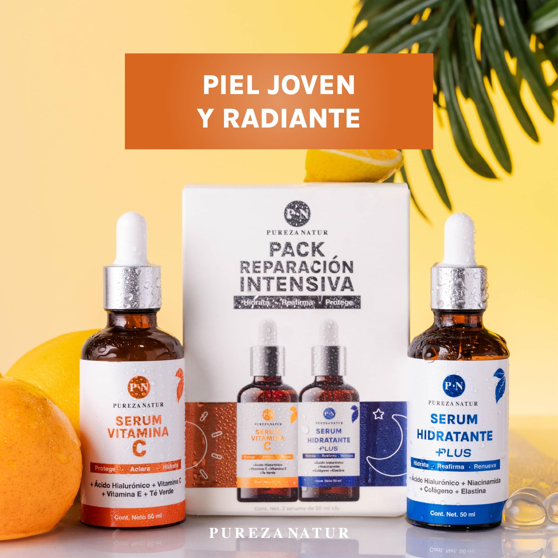 PUREZA NATUR Pack reparación intensiva serum faciales día y noche Serum Acido Hialuronico + Colageno + Elastina Niacinamida y Suero Vitamina C + Vit E | Serum de alta efectividad antiedad Sueros para todo tipo de piel 50ml cu