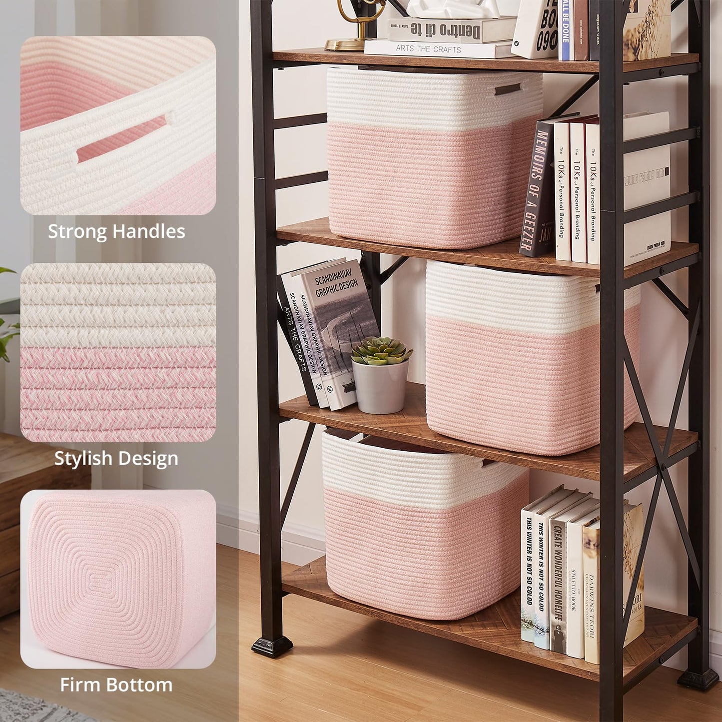 OIAHOMY - Cestas tejidas de cuerda de algodón para organizar 3 unidades de 13 x 13 x 12.6 pulgadas, cestas rectangulares de almacenamiento para ropa, cestas de almacenamiento para niños, sala de