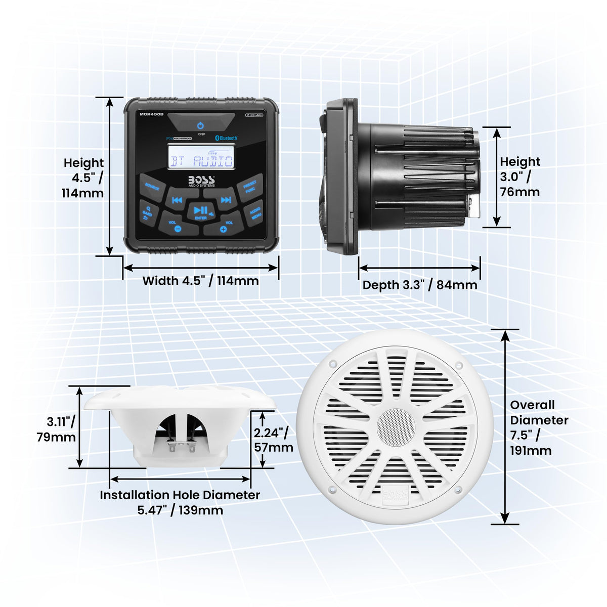 Sistema de Audio Marino Boss Audio Blanco con Bluetooth y Resistente al Clima IPX6, Dos Altavoces de 6.5" y un Receptor