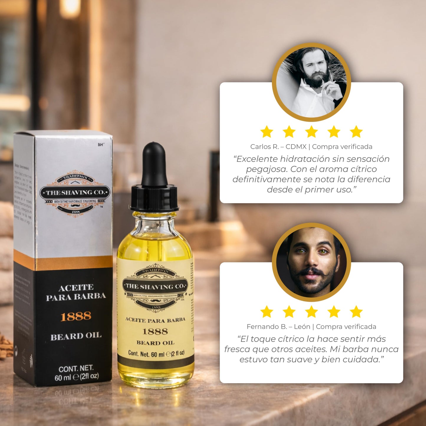 THE SHAVING CO Aceite para Barba 1888 Cantidad 60ml/2oz. Aroma Clásico. Nutre, Humecta e Hidrata tu Barba desde la raíz. Hecho especialmente con ingredientes Premium 100% naturales, No contiene alcohol. Libre de Sulfatos y Libre de Parabenos. 1888 CLASSIC