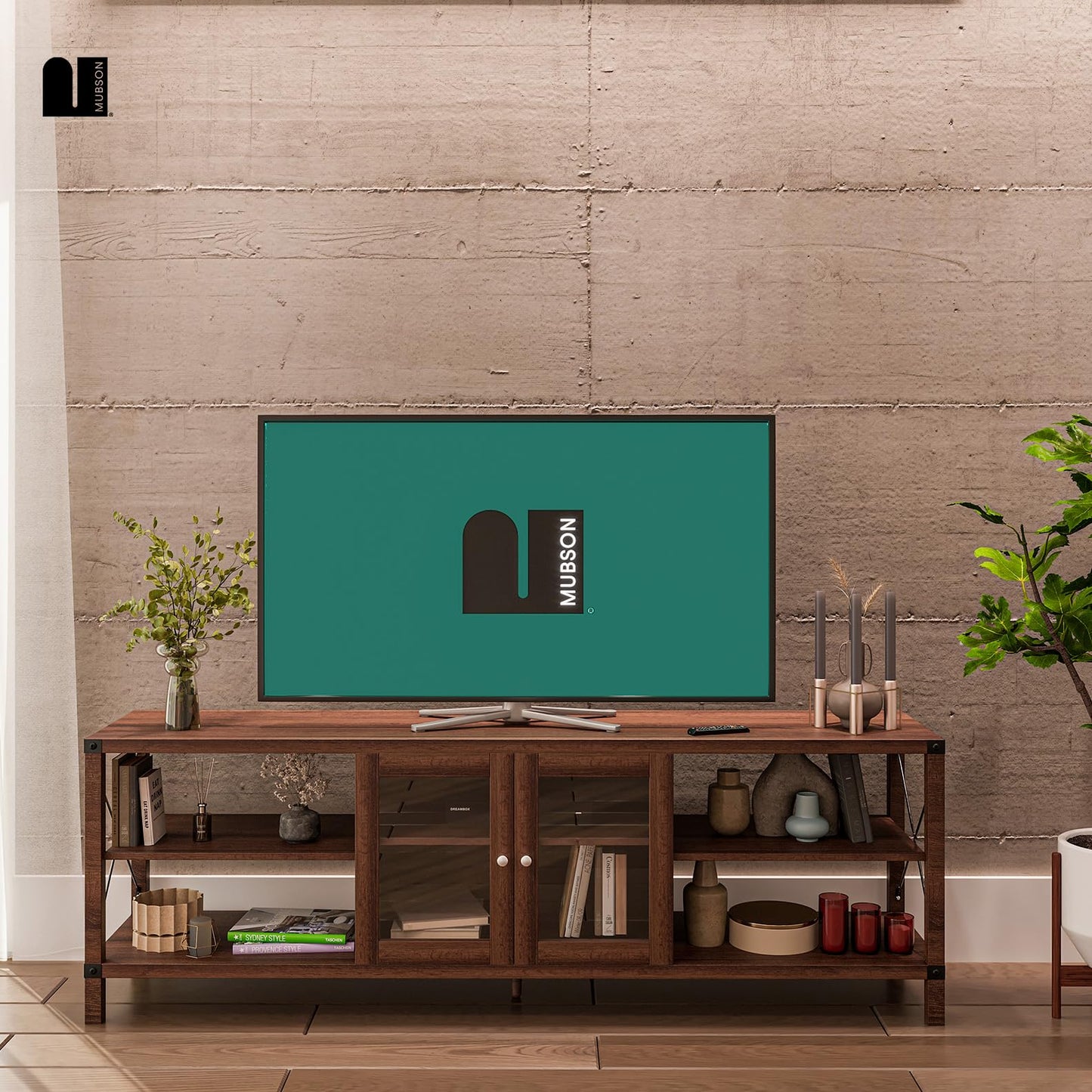 Mueble para TV MUBSON Bari de Madera con 4 Repisas y Vitrina en Marrón para Pantallas de hasta 75 Pulgadas