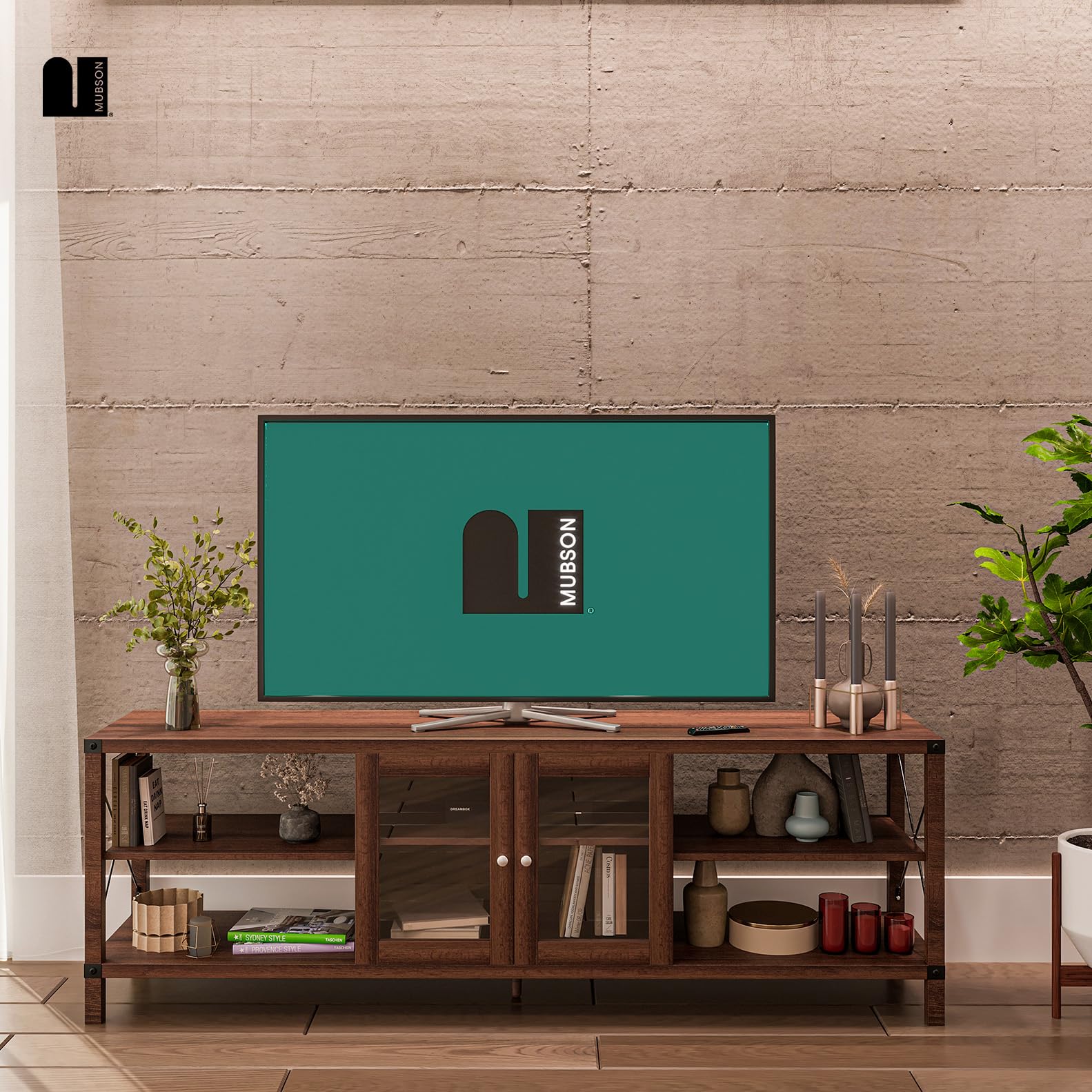 Mueble para TV MUBSON Bari de Madera con 4 Repisas y Vitrina en Marrón para Pantallas de hasta 75 Pulgadas