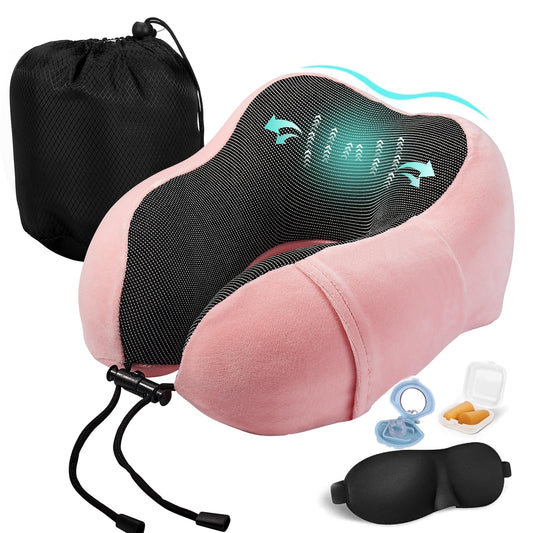 Almohada de Viaje, Almohada de Cuello Viscoelástica de Espuma de Memoria con Máscara de Ojos, Tapones para los oídos y Nariz, y Bolsa con Cordón, Soporte de Cuello para Avión, Oficina y el Hogar(Rosa)