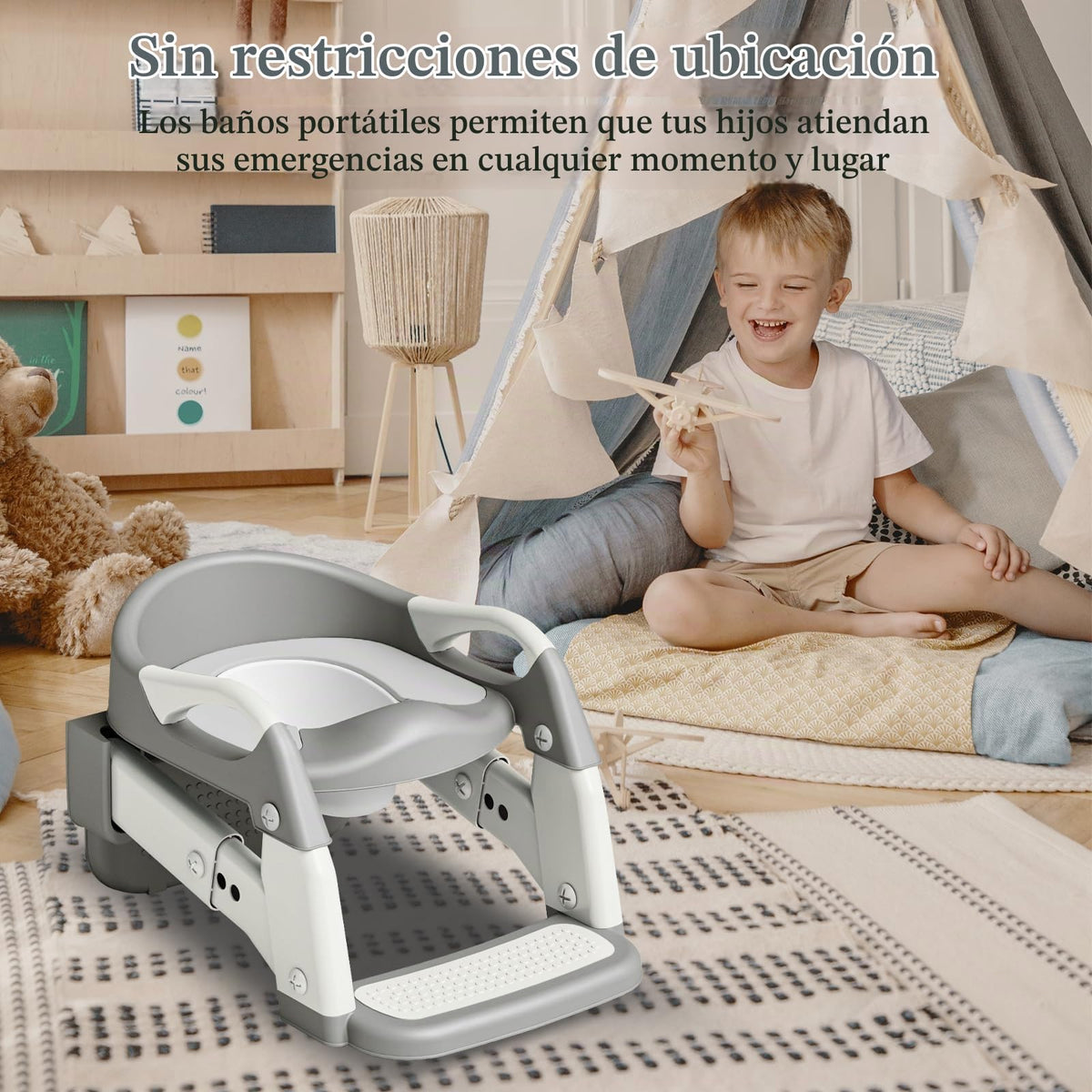 CUXFLS Asiento para Entrenamiento de Baño 3-en-1 para Niños Pequeños (Inodoro, Escalera, Ayuda para Agacharse) para Niños y Niñas con Cojín Desmontable, Anti-Salpicaduras y Diseño Plegable - Gris